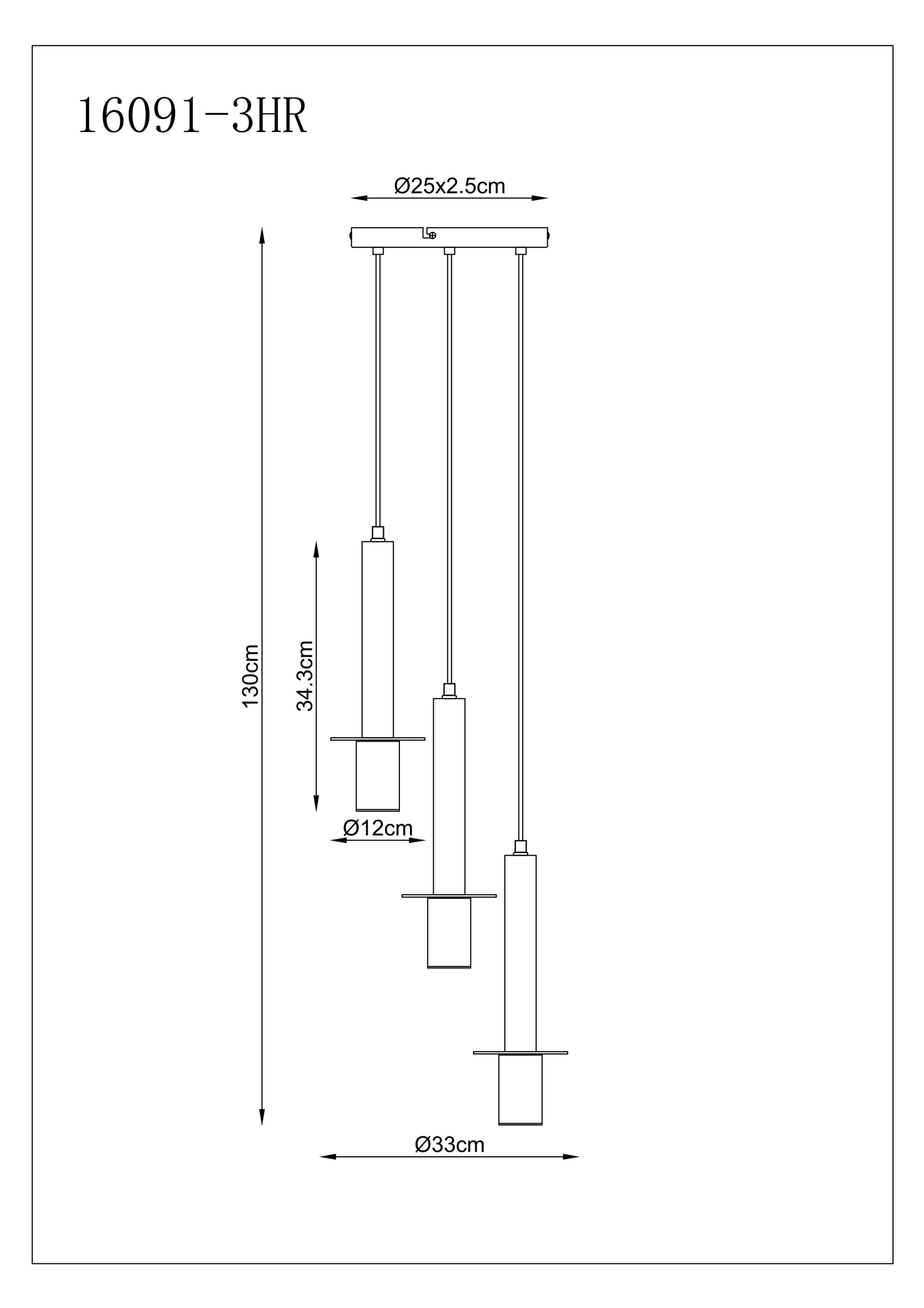 Technische Zeichnung der Hängeleuchte SHANNA von Globo Lighting: 3 Pendel mit schwarzen Travertin-Zylindern und messingfarbenen Scheiben, runder Baldachin matt schwarz; Maße: H max 130 cm, Korpus 34,3 cm, Baldachin Ø25 cm, Scheiben Ø12 cm, Gesamt Ø33 cm; 