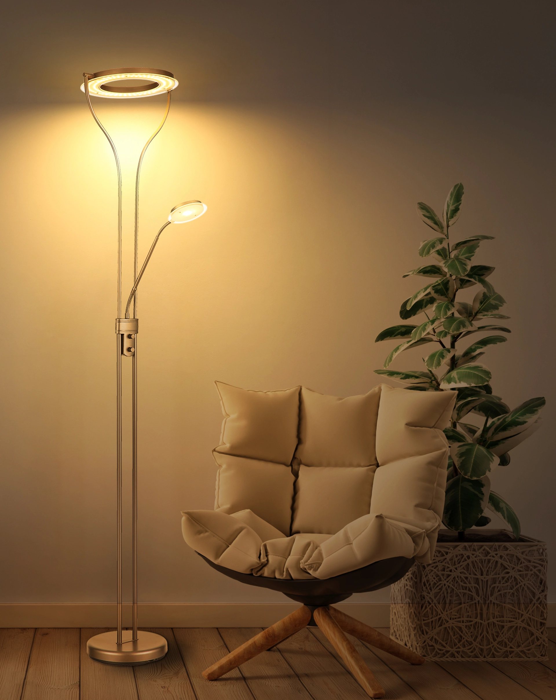 EBRO Deckenfluter in Metallfarbe Kaffee mit drehbarem Fluterkopf und flexiblem Leselicht; warmweißes LED-Licht 3000K (ca. 1800 lm) für Wohn- & Schlafzimmer; modernes Design von Globo Handels GmbH.