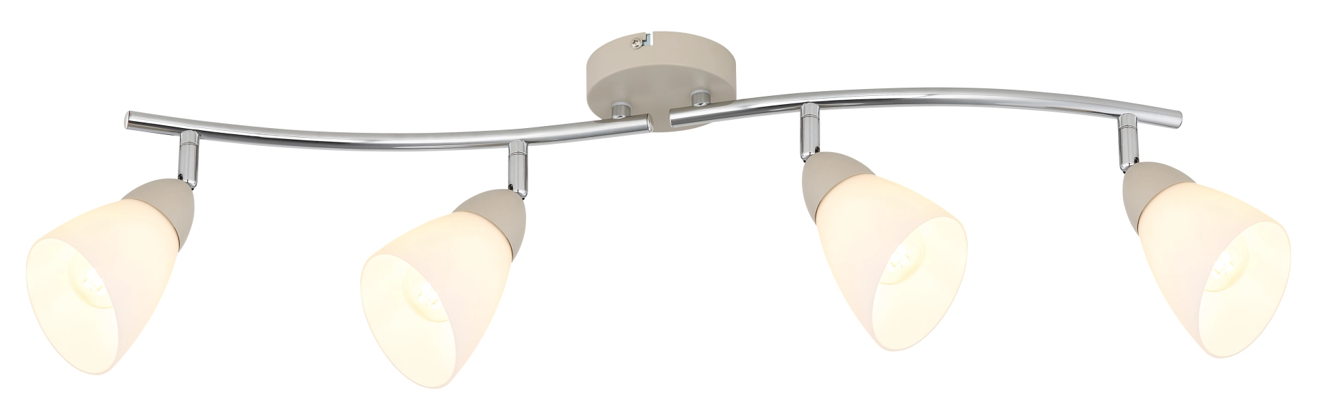Deckenstrahler PAULA mit 4 schwenkbaren Spots an gebogener Chromstange, Metall sandfarben matt mit opalen Glas-Schirmen; Hersteller Globo Handels GmbH, Artikel 81800443 – ideal für Wohnraumbeleuchtung.