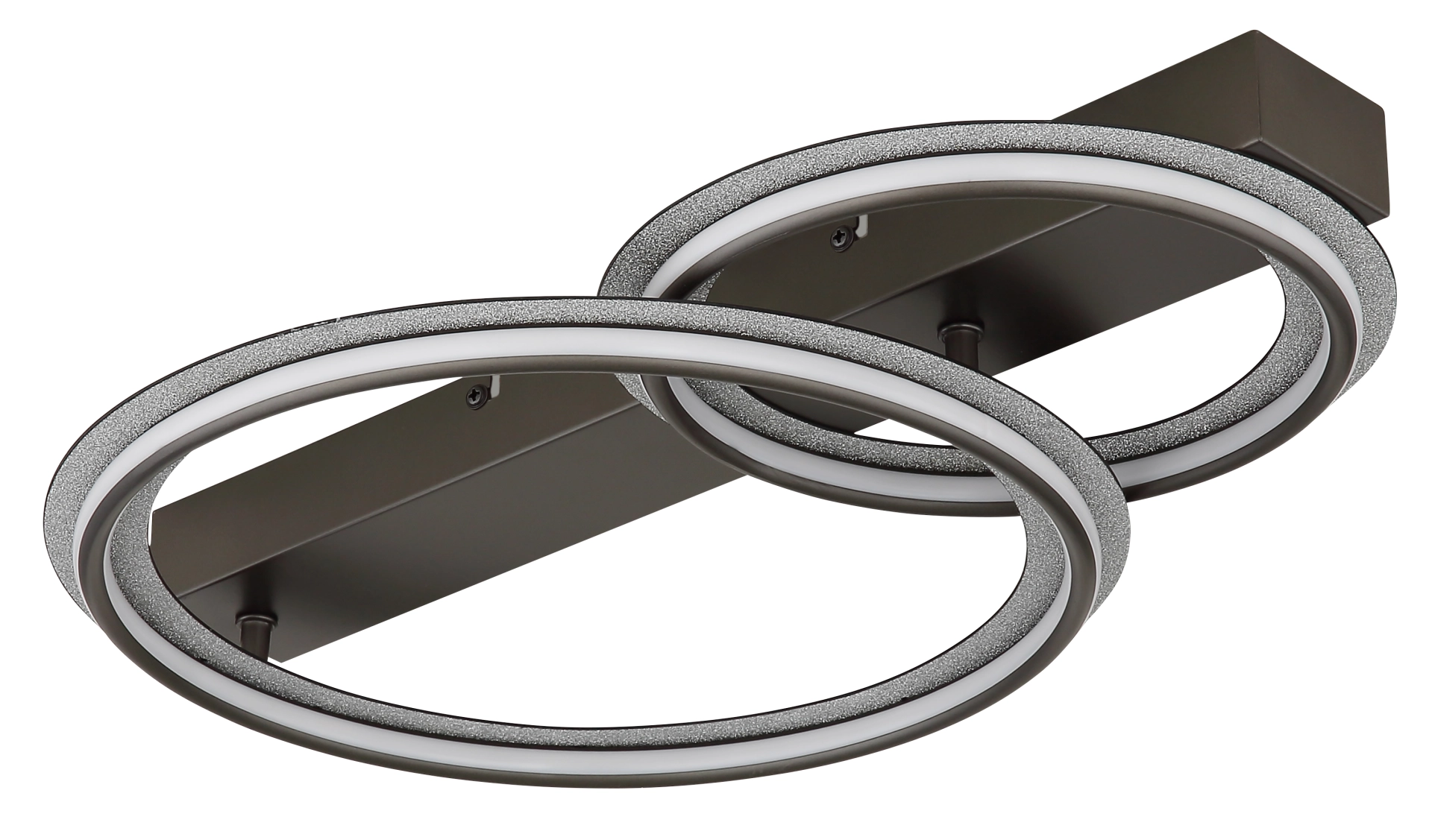 Abbildung der ELAN Deckenleuchte: zwei überlappende LED-Ringe aus Metall/Aluminium in schwarz‑chrom matt, Hersteller Globo Handels GmbH, Modell 67379-30D1 – moderne Deckenlampe für Wohn- und Essräume