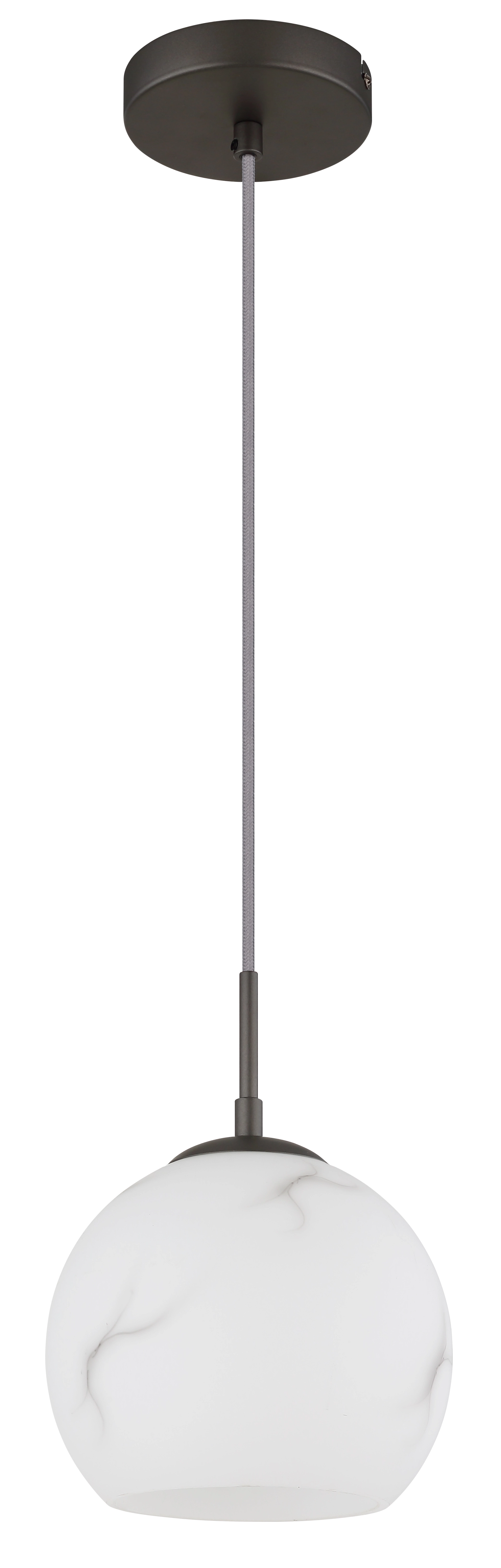 Produktfoto: RAGUSA Pendelleuchte 15999MH von Globo Handels GmbH, runde opale Glaskugel mit Marmorierung, Aufhängung aus Metall in schwarz-chrom matt; modernes Einzelpendel für Essbereich, Küche oder Flur.