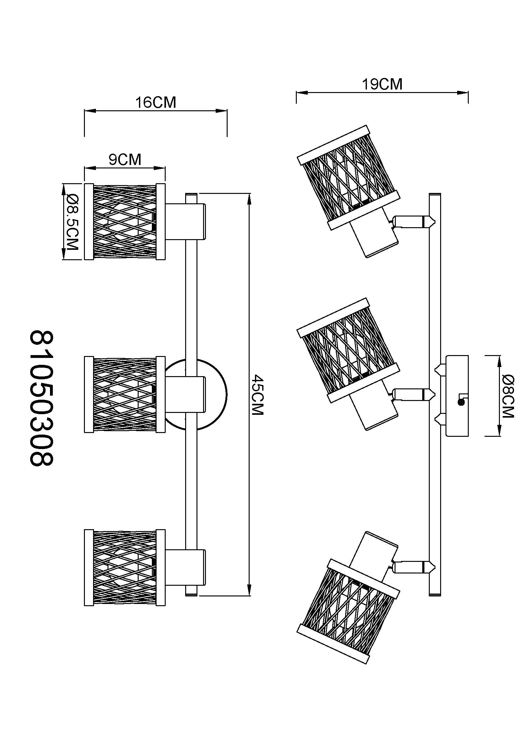 Technische Zeichnung des 3-flammigen Strahlers MALI von Globo Handels GmbH: Schiene in matt schwarzem Metall mit Schirmen aus natur/schwarzem Bambusgeflecht; Länge 450 mm, Breite 85 mm, Ø 85 mm, 3x E14, IP20, dimmbar – für Flur & Wohnen.