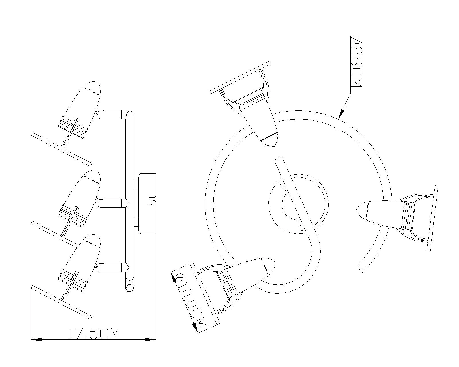 Technische Zeichnung des FRANCES I Dreier-Strahlers von Globo Handels GmbH: e-förmiger Arm, 3 schwenkbare Spots, Metall verchromt/nickelmatt mit klarem Kunststoff, E14 je Spot (R50, max. 40W), LED-Empfehlung, Ø 28 cm, Höhe 17,5 cm, Art.-Nr. 54120-3