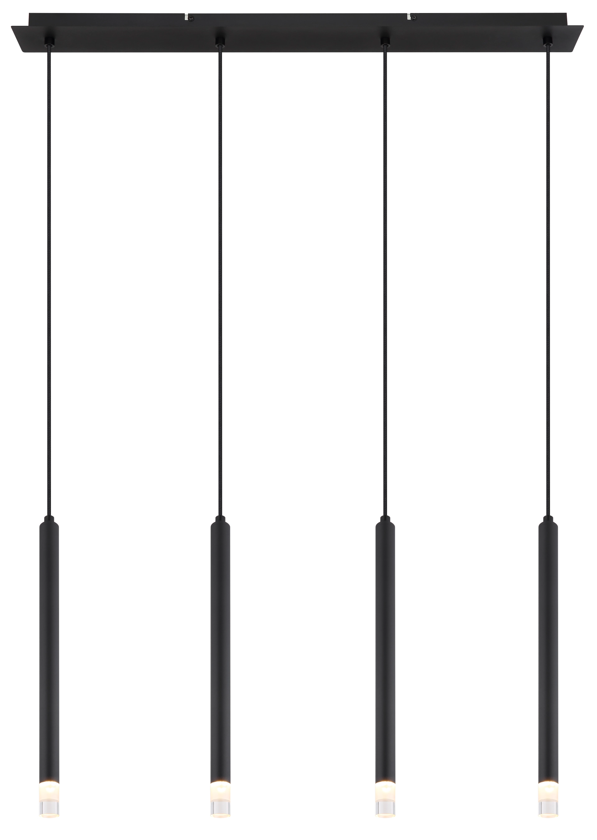 Produktfoto: RYAN Hängeleuchte von Globo Handels GmbH, 4 zylindrische Pendel an langer Decken-Schiene, Metall schwarz matt mit satiniertem Acryl, ideal für lange Räume, Büros und Flure – Modell 15629-4