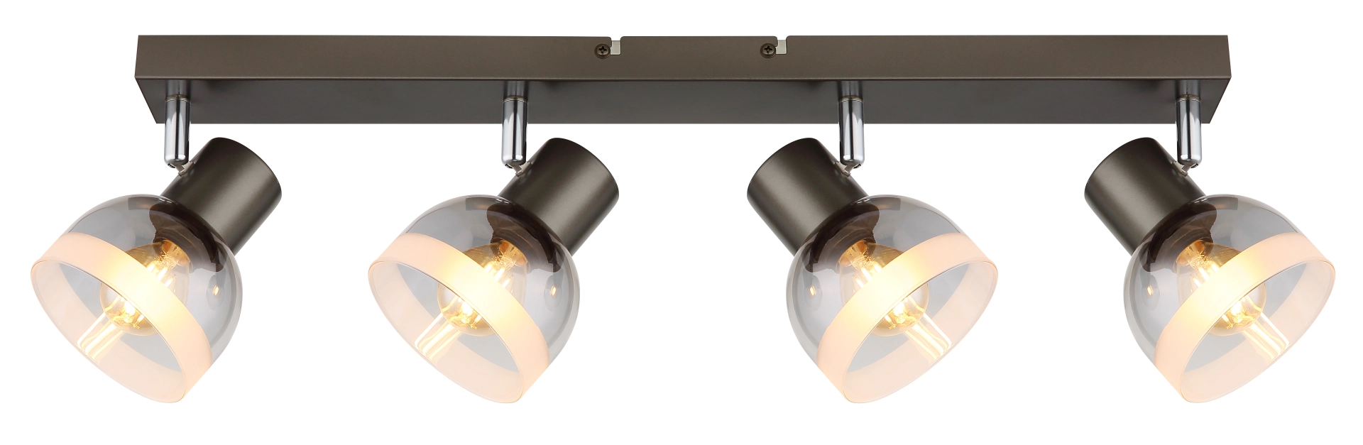 Produktbild: KAIRO Deckenstrahler 4-flammig mit schwenkbaren Spots, Metall schwarz-chrom matt, Schirme aus rauchfarbenem Glas, warmes Licht – Hersteller Globo Handels GmbH, Modell 54048-4
