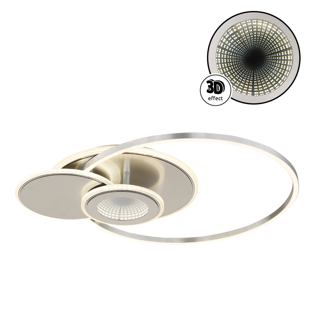 BELTRAN Deckenleuchte von Globo: Moderner LED-Lichtring mit drei runden Elementen in silber-matt, gebürstetem Aluminium und opalem Kunststoff; 3D-Effekt