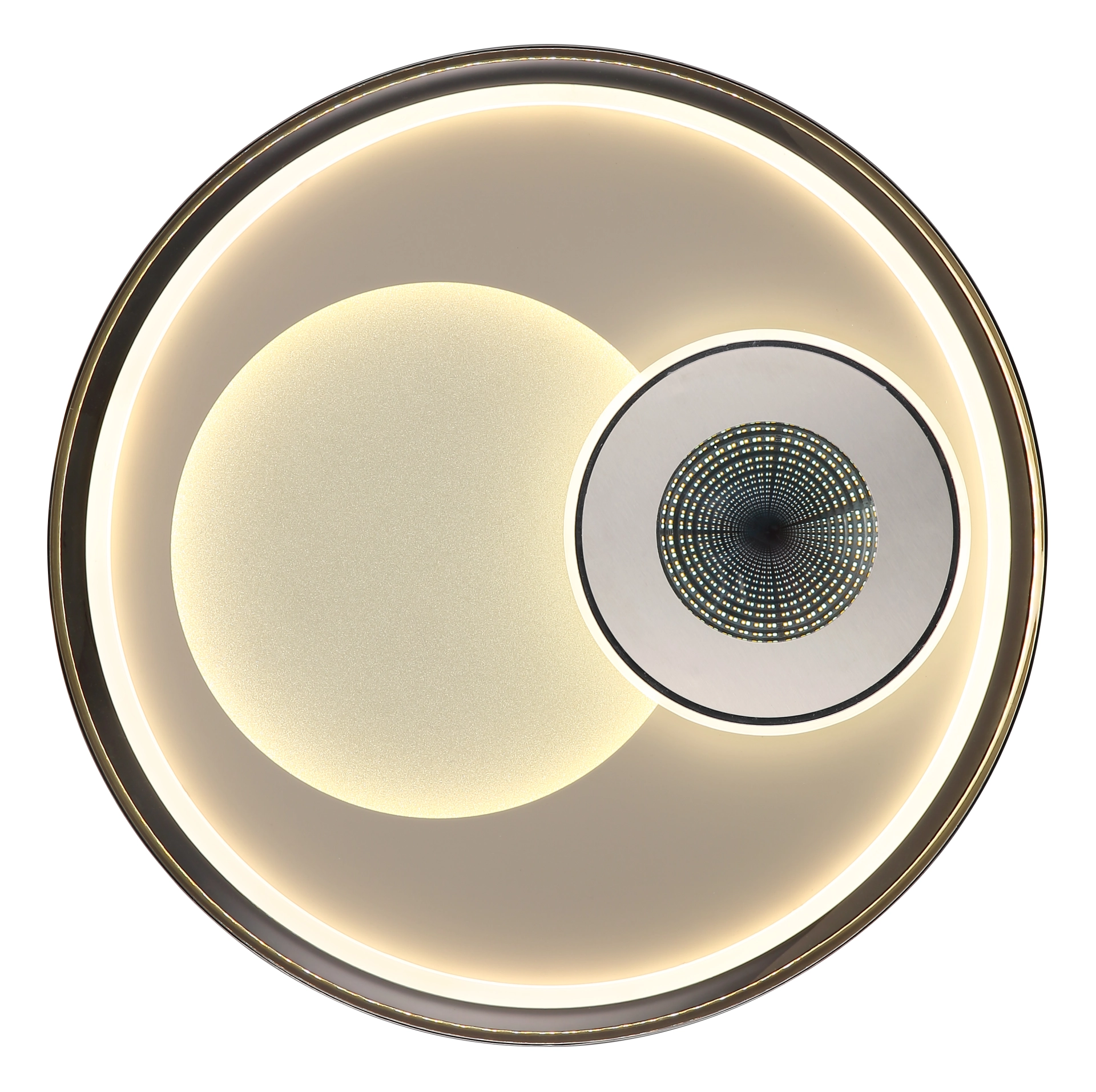 Runde LED-Deckenleuchte JUTA aus sandfarben mattem Metall mit champagnerfarbenen Acrylkristallen; moderne Optik mit Lichtkranz und Effektkörper; Hersteller Globo Handels GmbH, Modell 48572-36