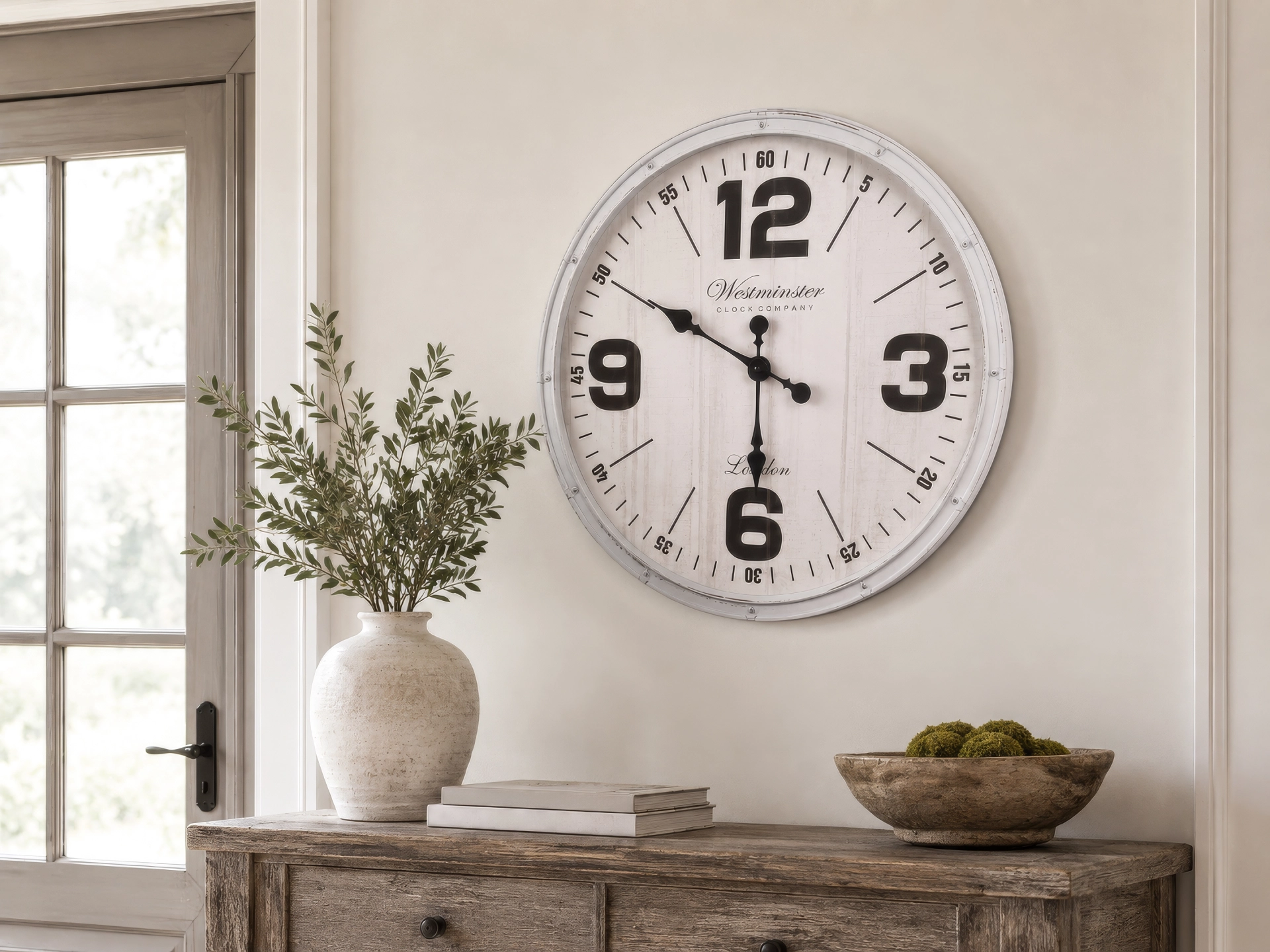 Wanduhr ANNA mit weißem Kunststoffrahmen und Glas, arabische Ziffern, modern über gelbem Sessel im Wohnzimmer inszeniert; Hersteller Globo Handels GmbH; Artikel B992540 – zeitloses Design mit klarer Ablesbarkeit.