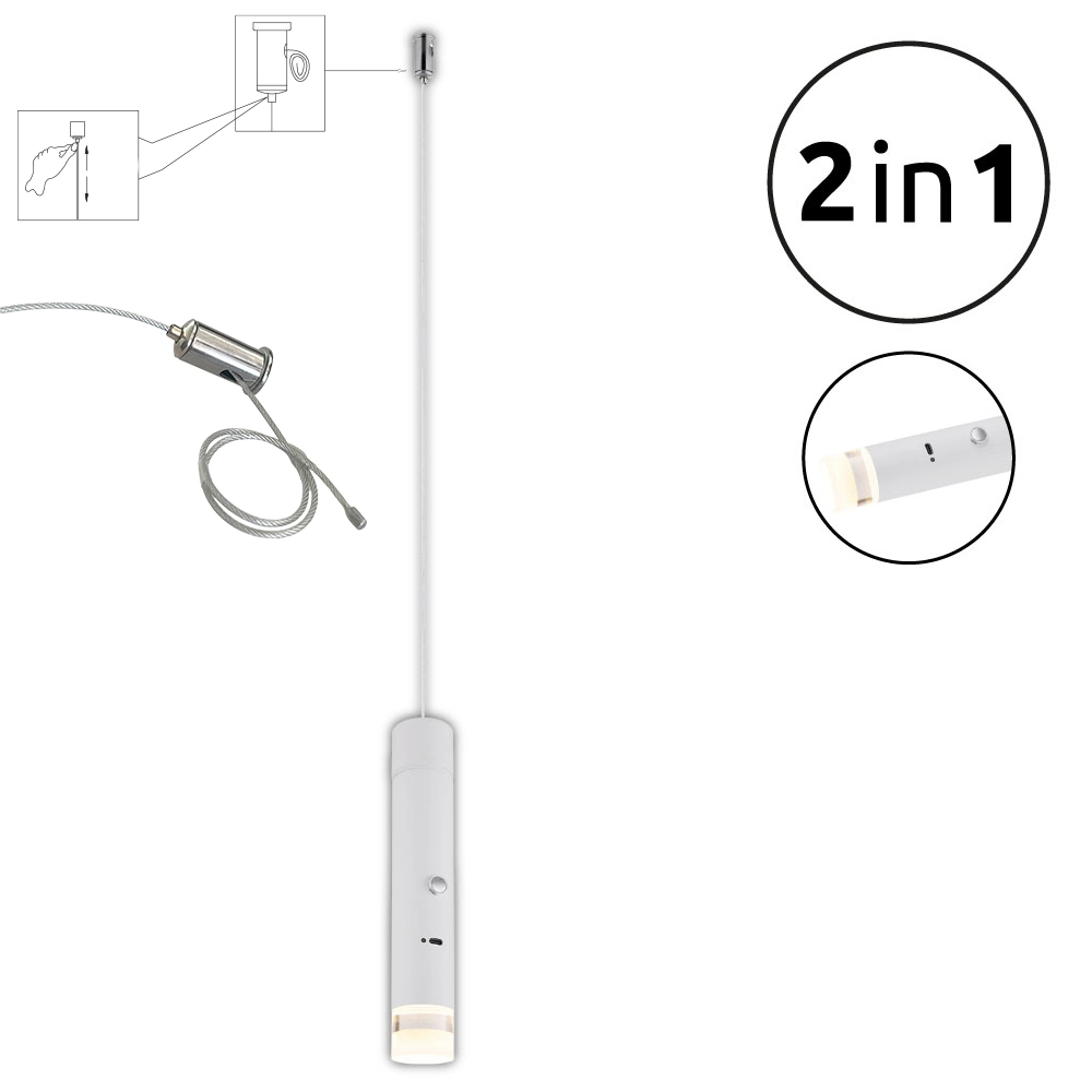 PELO Pendelleuchte aus weiß mattem Metall mit klarem, satiniertem Acrylschirm, warmweiß, stufenlos per Touch dimmbar mit Memory; Schirm abnehmbar für 2in1 Nutzung als Taschenlampe; Globo Handels GmbH