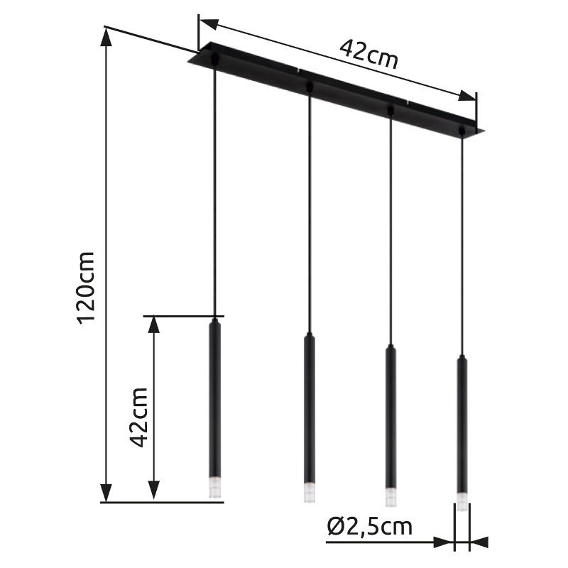 Technische Ansicht: RYAN Hängeleuchte von Globo Handels GmbH, 4 zylindrische Schirme auf gerader Schiene, Metall schwarz matt/Acryl satiniert; Maße: Höhe max. 120 cm, Schirmhöhe 42 cm, Ø 2,5 cm, Schiene 42 cm; Modell 15629-4.