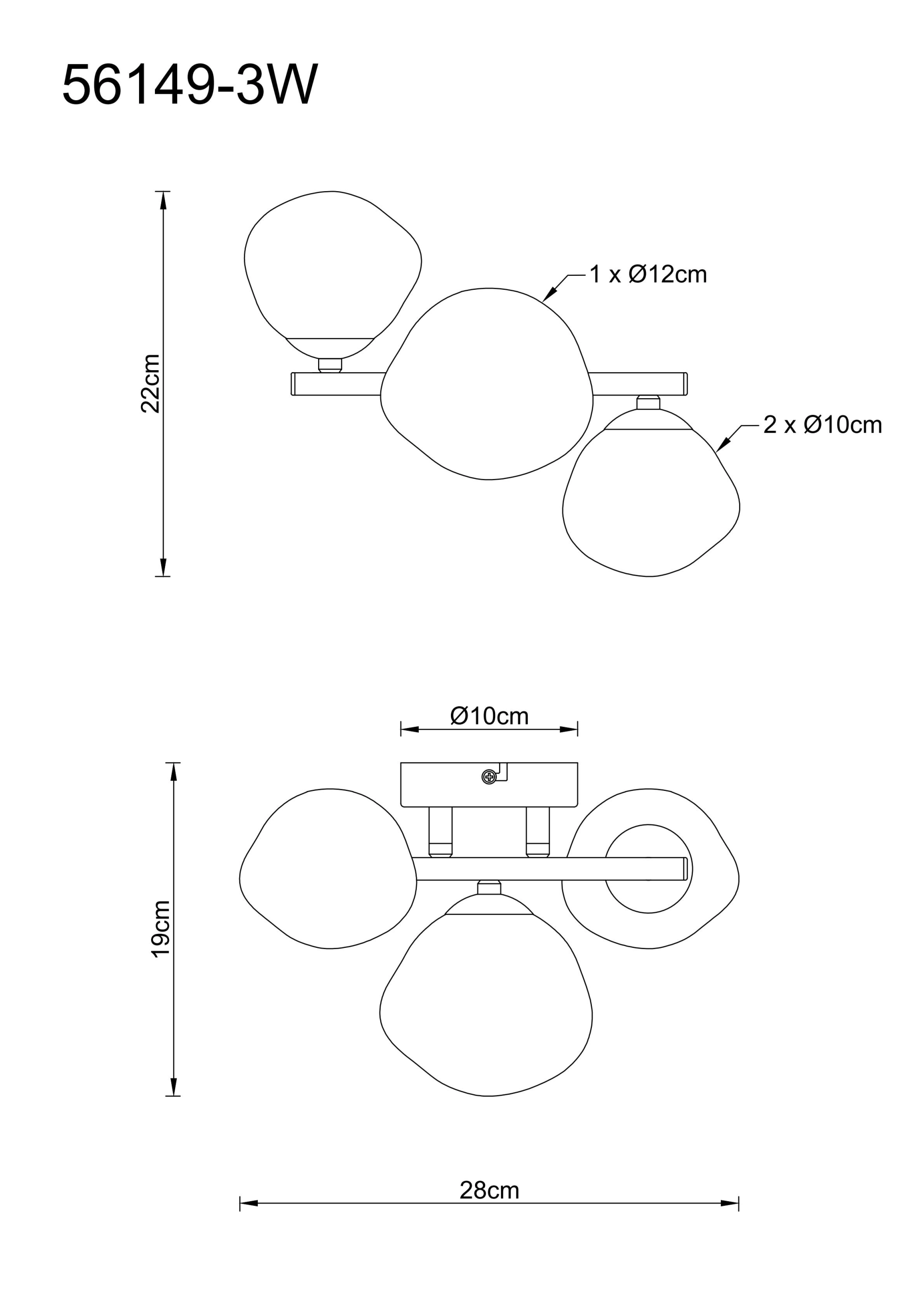 Technische Zeichnung der VELORA Deckenleuchte von Globo Handels GmbH, 3-flammig, Metall schwarz matt, Glas rauchfarben; Breite 28 cm, Höhe ca. 19–22 cm, Schirme 1×Ø12 cm und 2×Ø10 cm; Modell 56149-3W