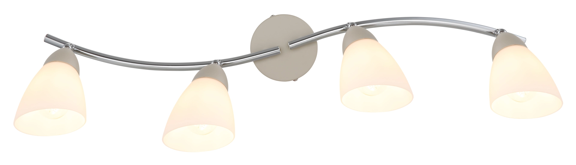 Produktbild: 4-flammiger Wand-/Deckenstrahler PAULA von Globo Handels GmbH, Metall sandfarben matt, gebogene Chromschiene, opale Glasschirme, Artikel-Nr. 81800443 – moderner LED-/Leuchtmittel-Strahler für wohnliches Licht