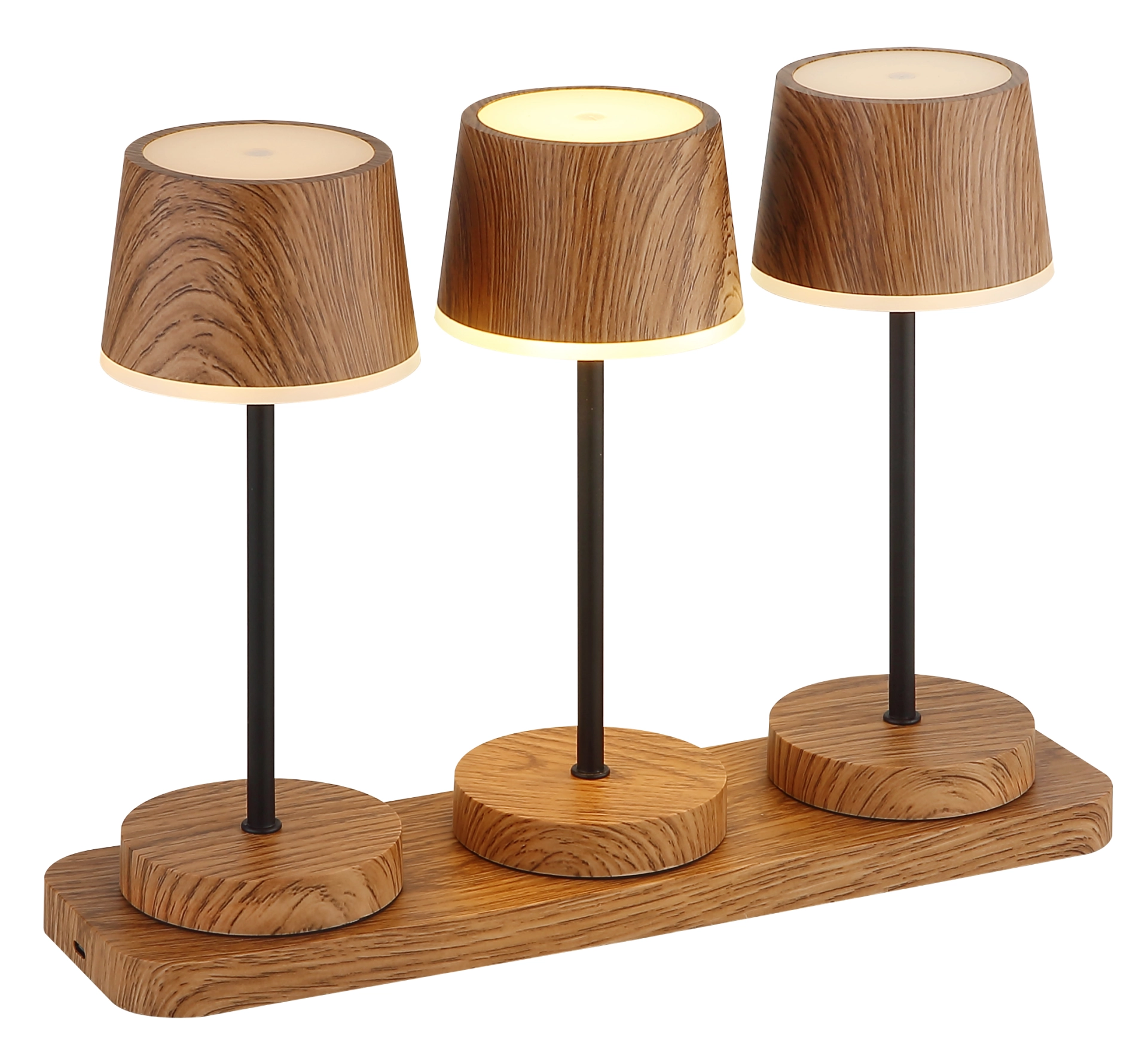 Tischleuchte DAWSON – Dreier-Set mit dunkler Holzoptik, Holzsockel und schwarzem Metallstab (Globo Handels GmbH)