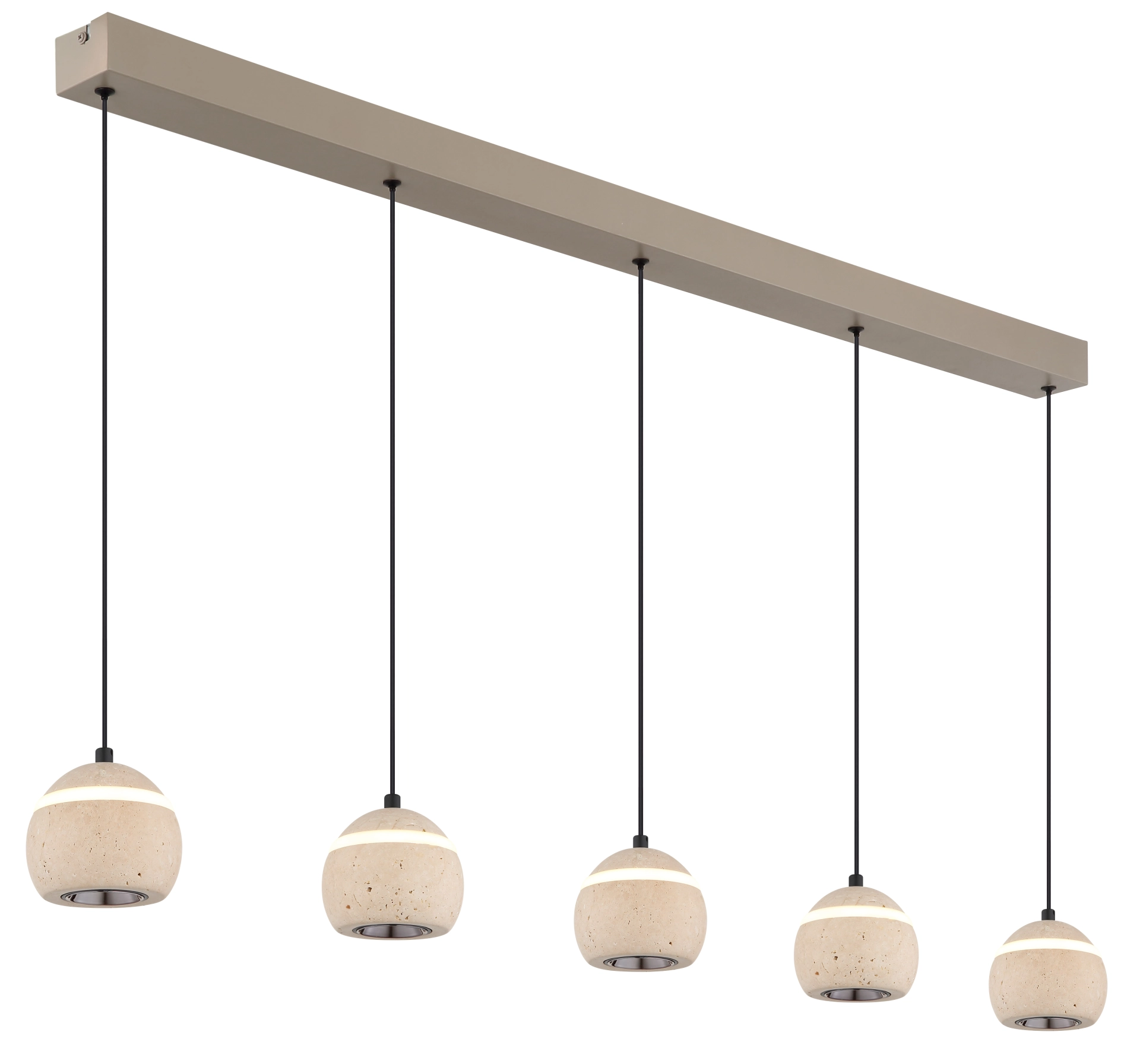 EVARA 5-flammige Pendelleuchte von Globo Handels GmbH: längliche Deckenleiste aus Metall sandfarben matt, fünf kugelige Travertin-Steinschirme naturfarben an schwarzen Kabeln; Produktfoto Modell 16067-5