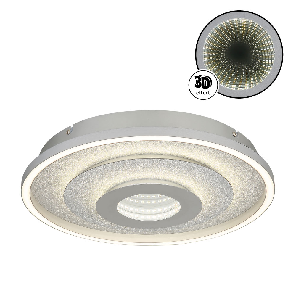 MILES Deckenleuchte: runder Korpus aus silbernem Metall mit Blattsilber-Finish, Schirm aus gebürstetem Aluminium und opalem Kunststoff; beeindruckender 3D-Tunneleffekt, blendfreie LED-Beleuchtung