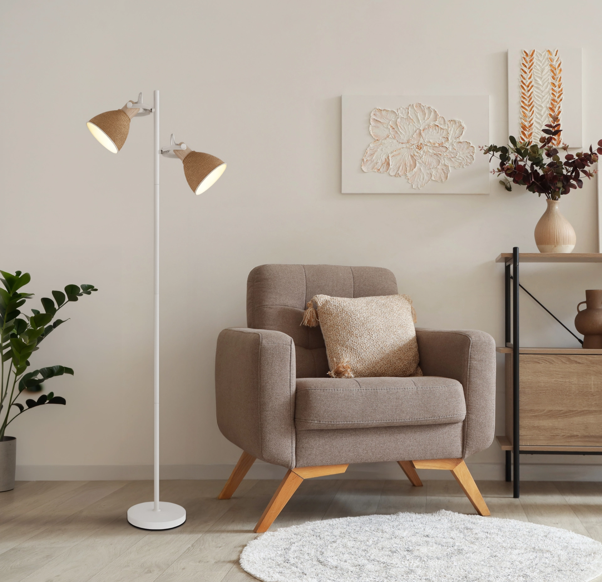 Two-light LYNDON floor lamp in matt white metal and warm wood with brown paper shades; rotatable and tiltable for reading or accent lighting. Model 16466-2S by Globo Handels GmbH in a modern living room.