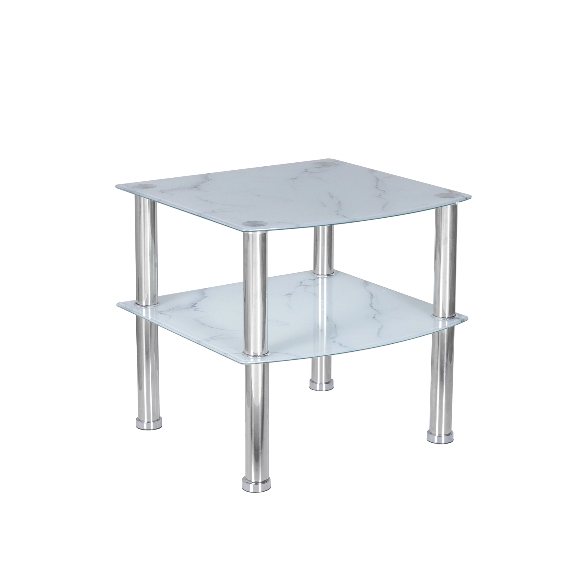 Quadratischer Beistelltisch mit zwei Ebenen aus Sicherheitsglas in weißer Marmor-Optik und runden Chrombeinen, modern, ideal als Ablagetisch im Wohnzimmer
