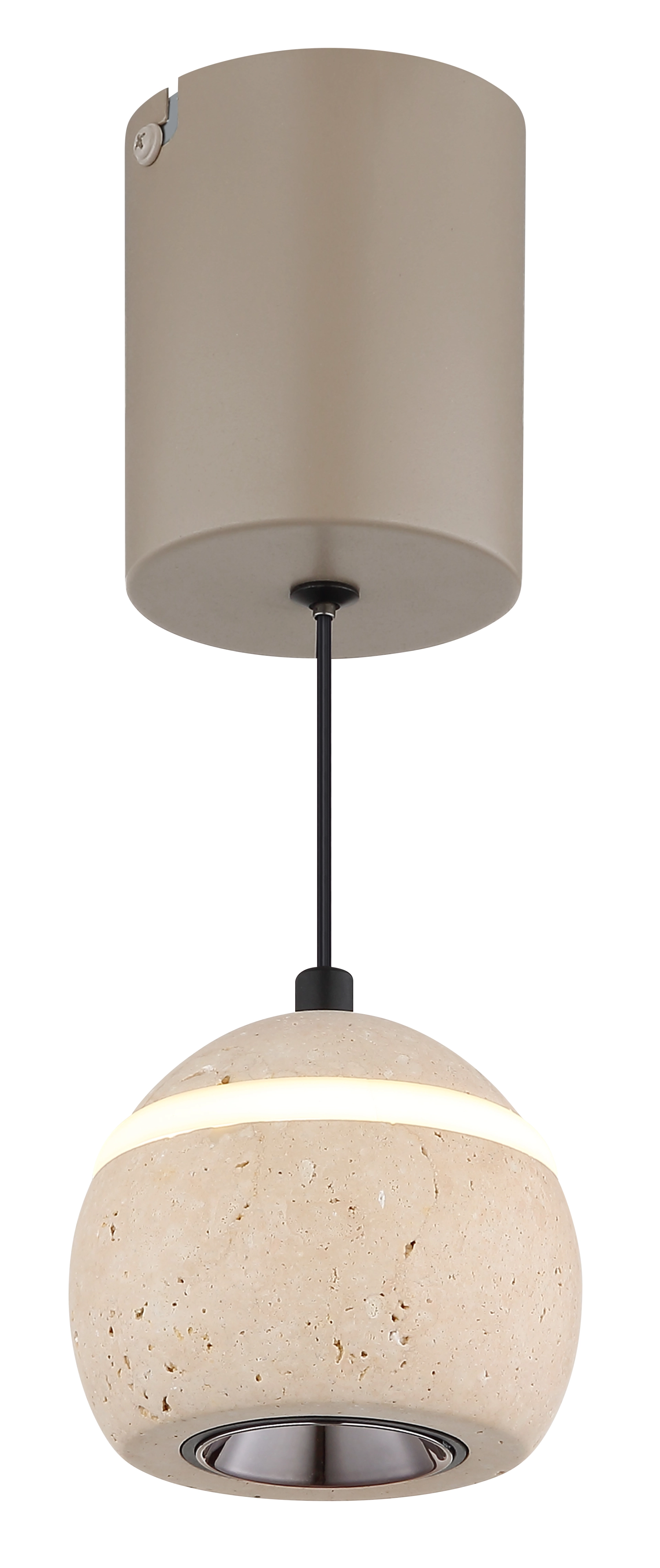 Produktfoto: EVARA Pendelleuchte mit rundem Schirm aus naturfarbenem Travertin und LED-Lichtring, Baldachin Metall sandfarben matt, Downlight, Hersteller Globo Handels GmbH, Artikel 16067