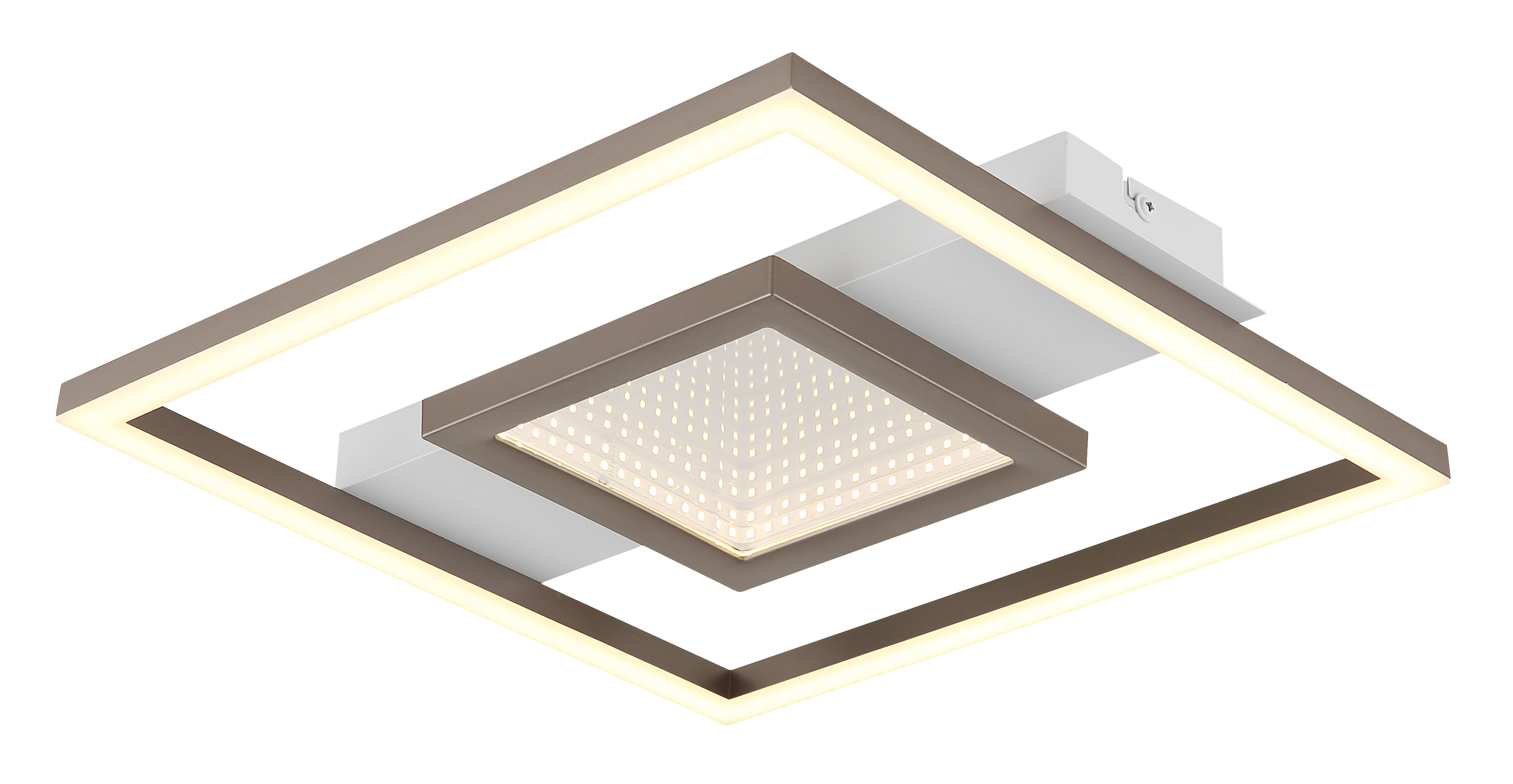 Quadratische LED-Deckenleuchte mit rahmenförmiger Lichtleiste und zentraler Leuchte