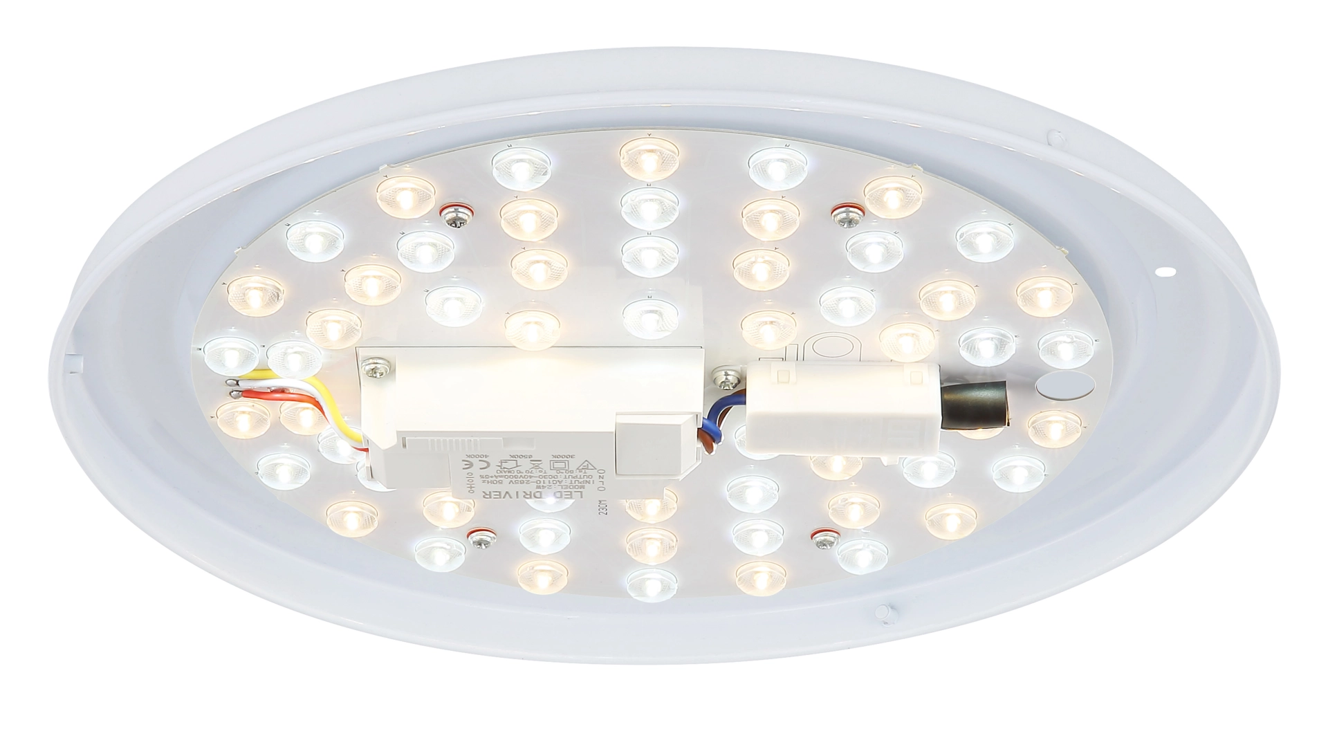 Runde LED-Platine mit Magnetbefestigung von Globo Handels GmbH, kompatibel mit 15968D und 15995D; Nahaufnahme mit vielen LEDs, integriertem LED-Treiber und Anschlusskabeln – Ersatzteil für Deckenleuchten