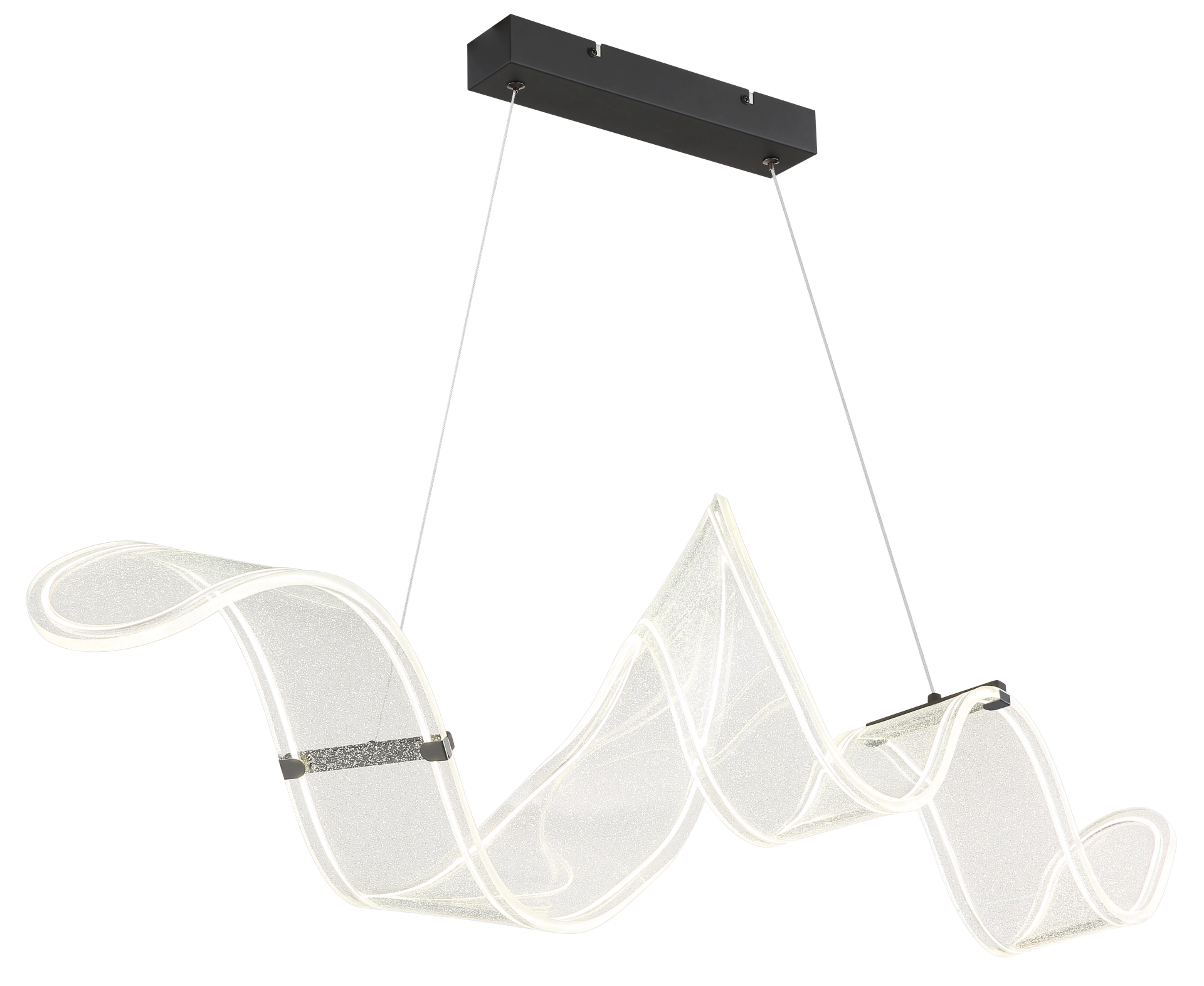 Produktfoto: TAPIA LED-Hängeleuchte 68295H von Globo Handels GmbH aus Metall schwarz matt mit klarem Acryl; modern geschwungener, wellenförmiger Lichtkörper an zwei Seilen und rechteckigem Baldachin