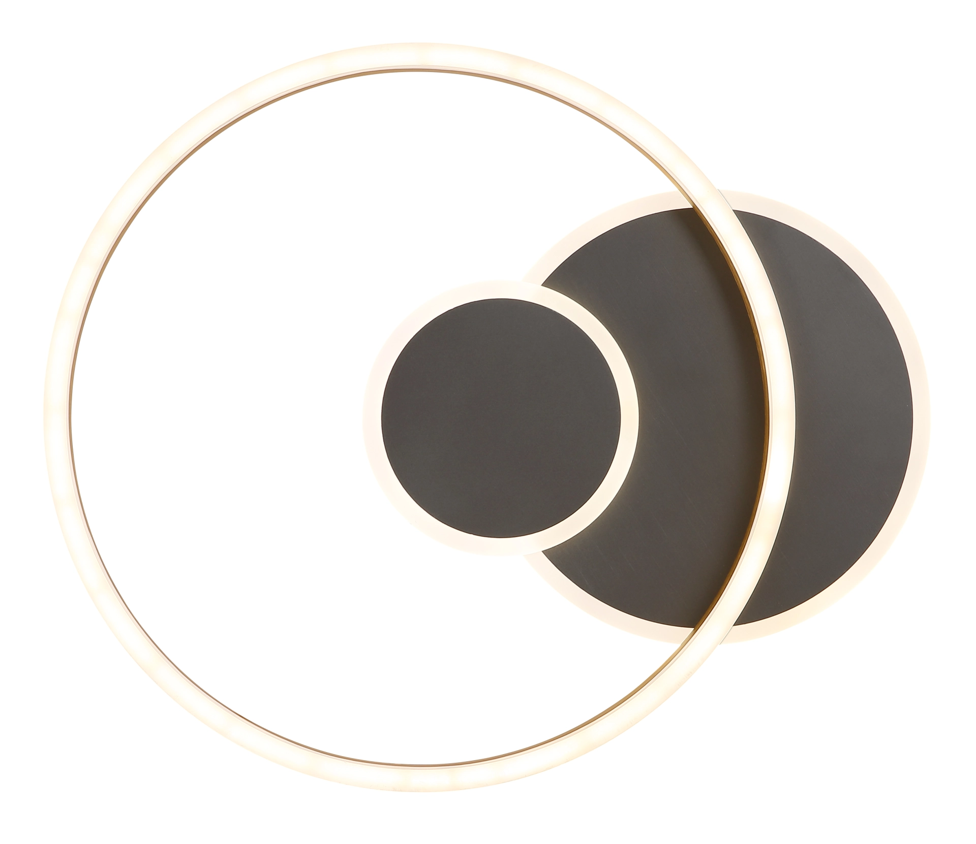 Produktfoto der ELORIA Deckenleuchte 67385-32 von Globo Handels GmbH, LED-Deckenlampe im modernen Ringdesign, Aluminium schwarz matt gebürstet mit goldfarben gebürsteten Akzenten, warmweiß leuchtend