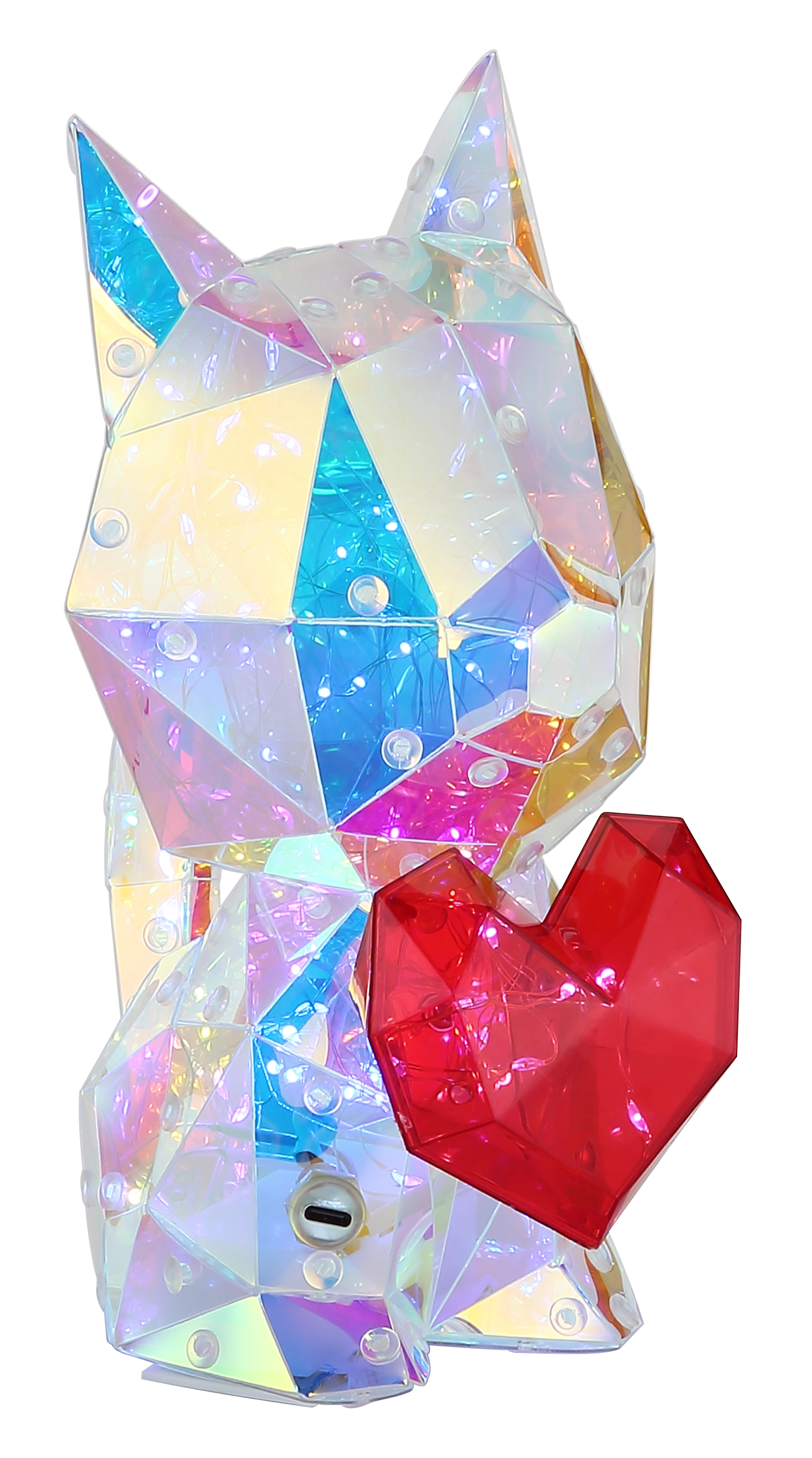 BRONDAR Tischleuchte von Globo Handels GmbH, Katzenfigur aus Kunststoff klar mit Kristall-Effekt und rotem Kristall-Herz, LED-Lichter, USB-Anschluss, Deko-Lampe für Kinderzimmer; Modell 28099K