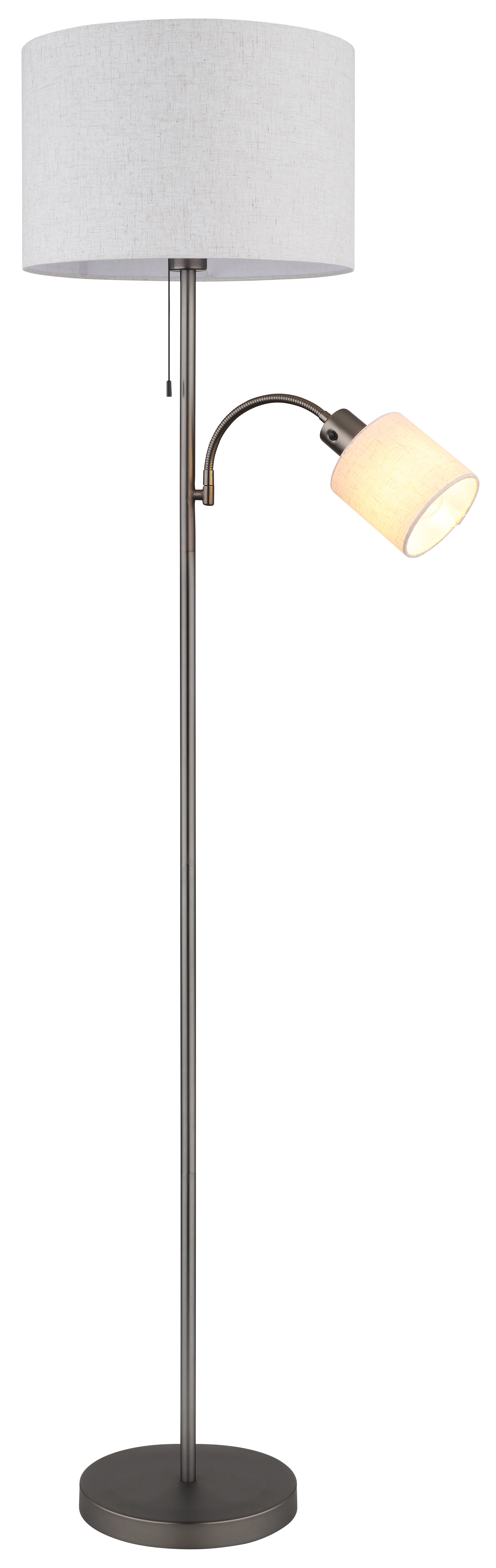 THEA Stehlampe aus Metall in schwarz-chrom matt mit cremefarbigem Leinenschirm und verstellbarer Leselampe