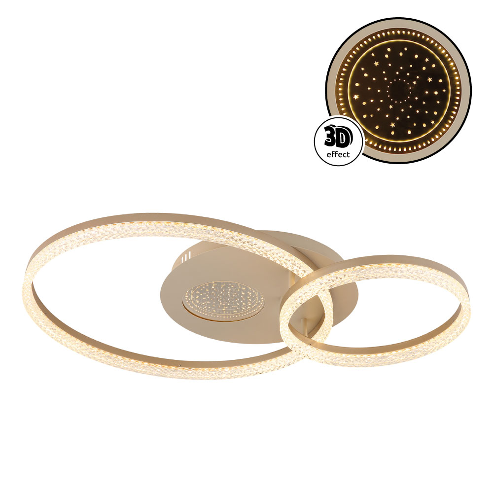 Deckenleuchte SANFORD von Globo Handels GmbH, sandfarbenes und cappuccinofarbenes Metalldesign mit Kunststoffkristallen, zwei ringsförmige Leuchtkörper 50 cm & 30 cm, 3D-Effekt, elegante Beleuchtung