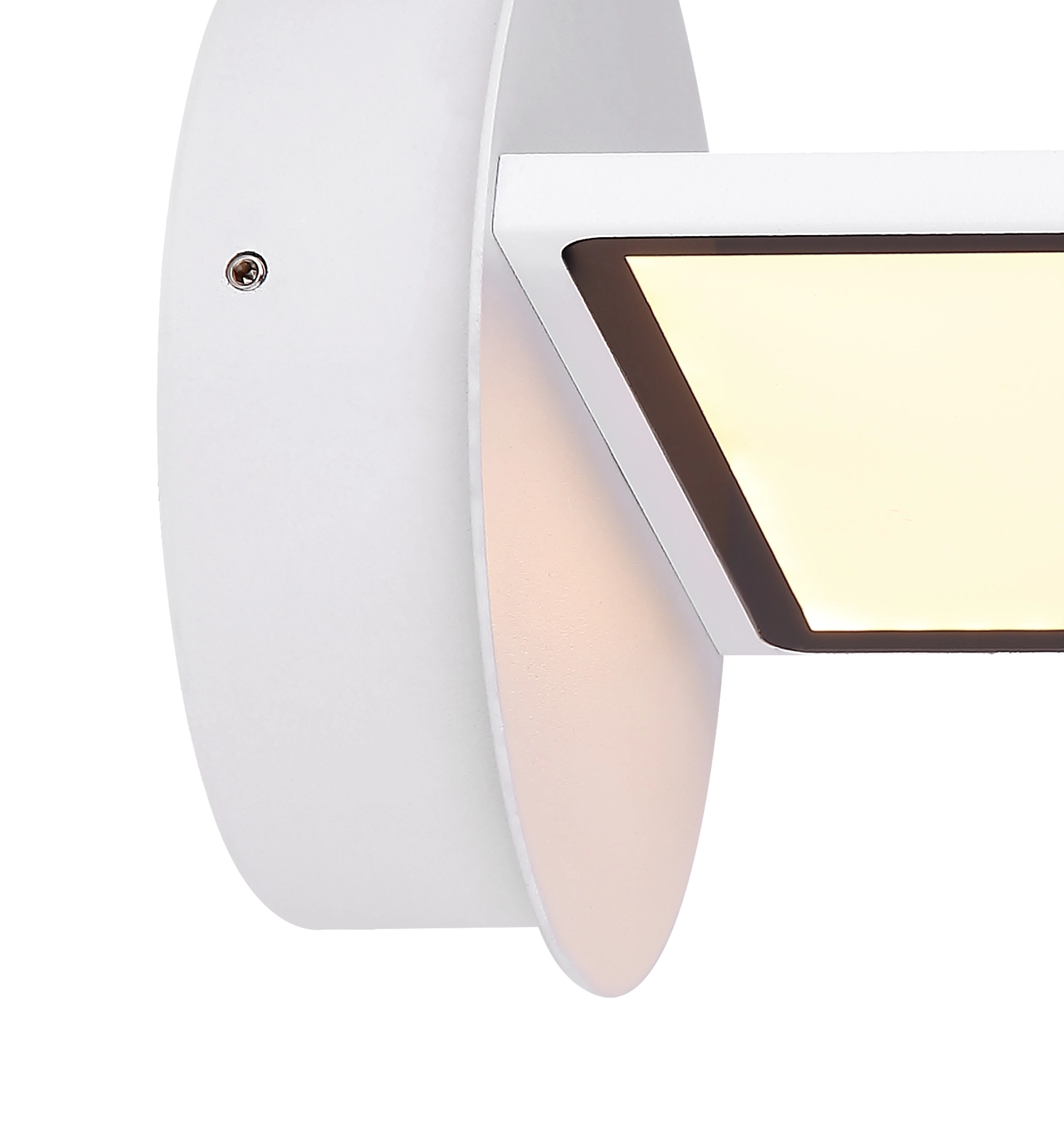 Nahaufnahme der weißen Metall-Wandleuchte mit opalem Lichtfenster; 1x LED, 430 Lumen, warmweiß 3000K, Ø 115 mm. Produkt: WANDLEUCHTE METALL WEIß, 1XLED von Globo Handels GmbH, Modell 56009W, für stimmungsvolle Wandbeleuchtung.