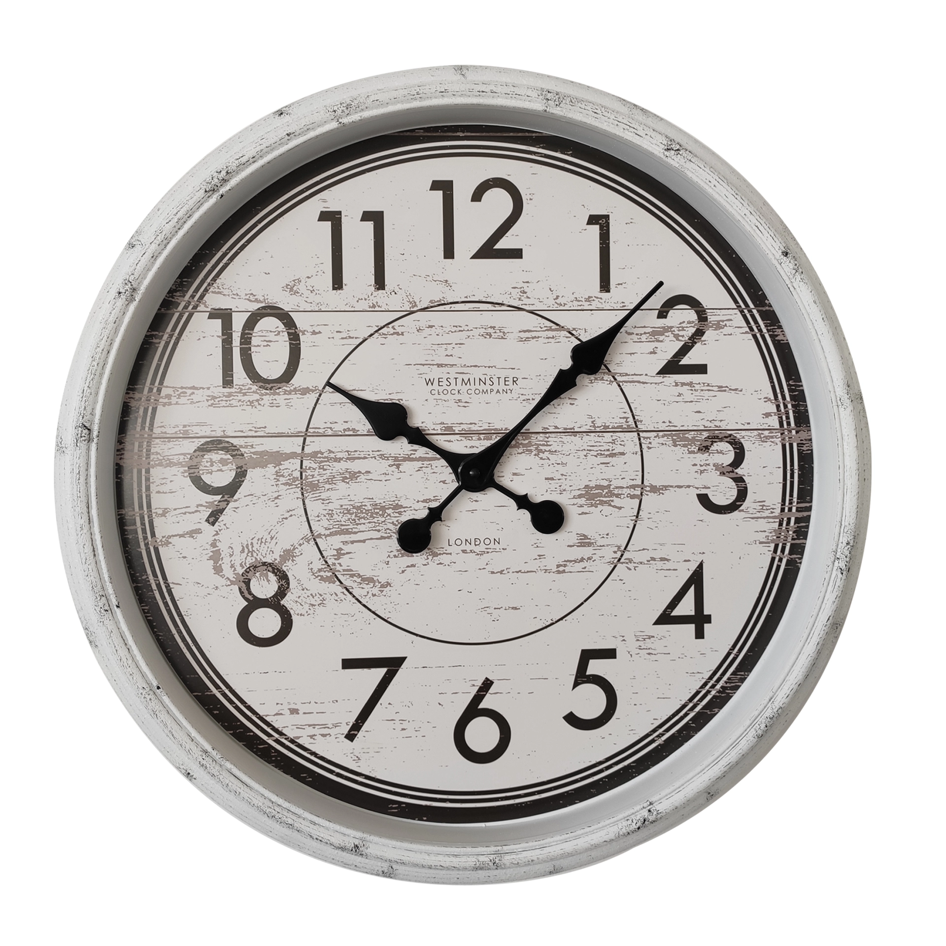 Produktbild: Wanduhr ARIANA mit weißem Kunststoffrahmen, Glasabdeckung und gut lesbarem arabischem Ziffernblatt, schwarzem Zeigersatz, präzises Quarzuhrwerk; passend für Küche, Wohnzimmer oder Büro – Globo Handels GmbH, B992520
