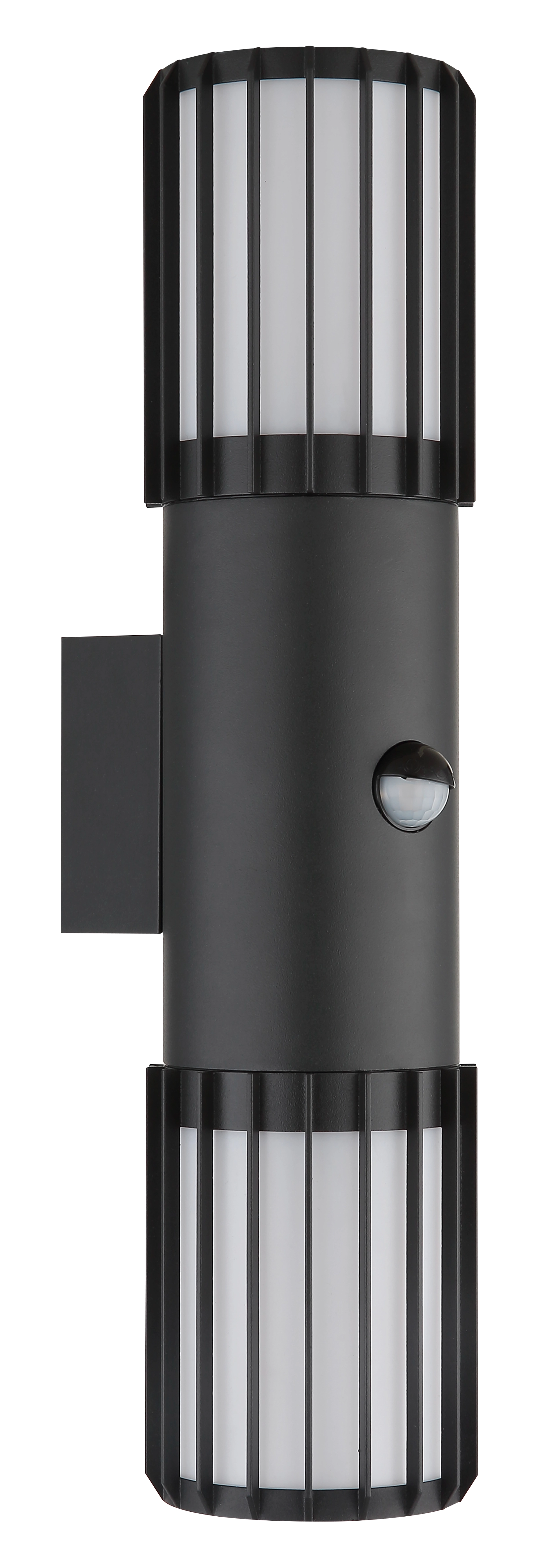Außenleuchte MERVIN aus Aluminium in anthrazit mit opalem Kunststoffdiffuser, zylindrisches Gehäuse, Wandhalterung links und integrierter Bewegungsmelder