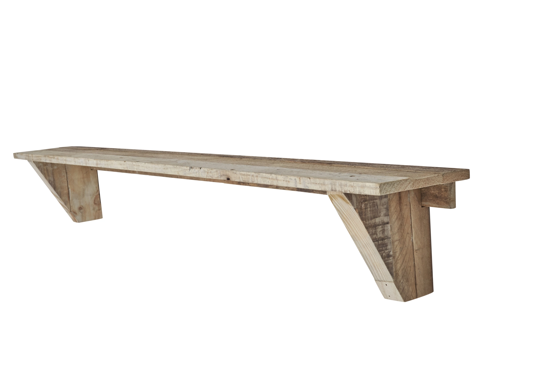 Produktfoto: rustikale Sitzbank aus recyceltem Massivholz, naturbelassen, stabile Konstruktion ohne Lehne, rechteckige Sitzfläche, ideal als Essbank oder Flurbank