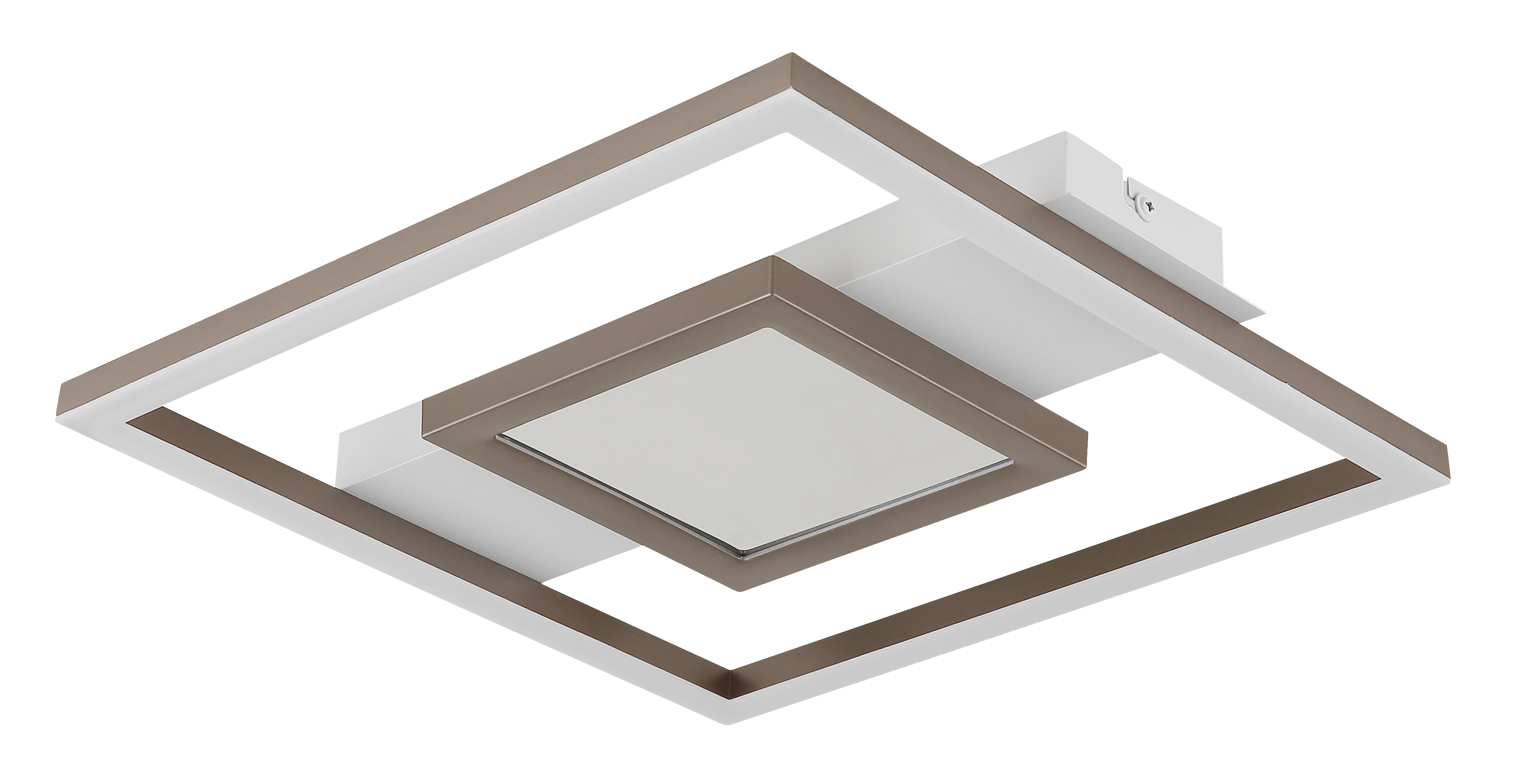 Deckenlampe mit zwei verschachtelten quadratischen Rahmen in Bronze und Weiß, zentraler Glasdiffusor