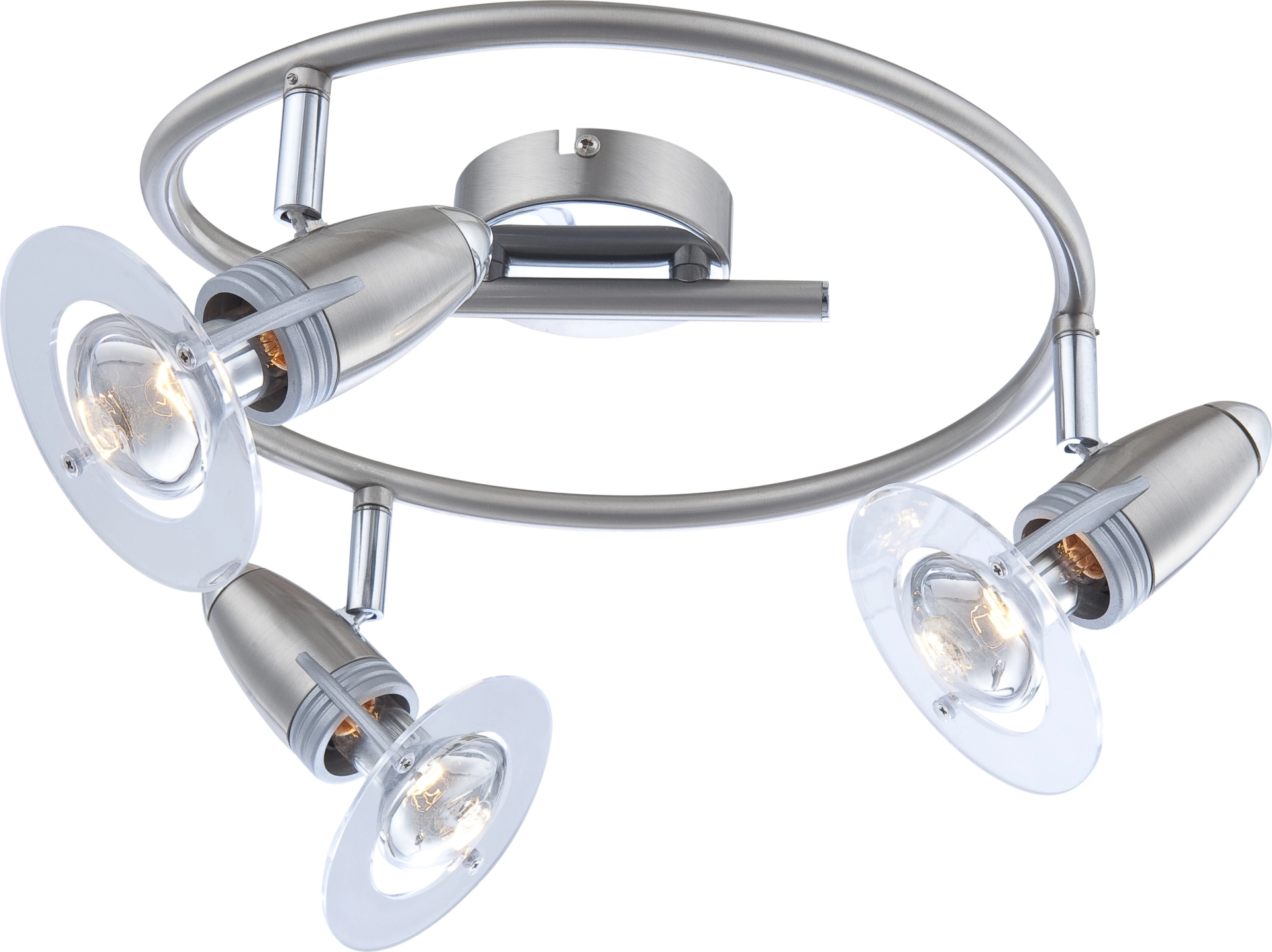 FRANCES I Deckenstrahler mit drei schwenkbaren Spots an gebogenem Arm, Metall verchromt/nickelmatt und klaren Kunststoff-Reflektoren, 3x E14 R50 max. 40W, LED empfohlen. Hersteller: Globo Handels GmbH, Modell 54120-3.