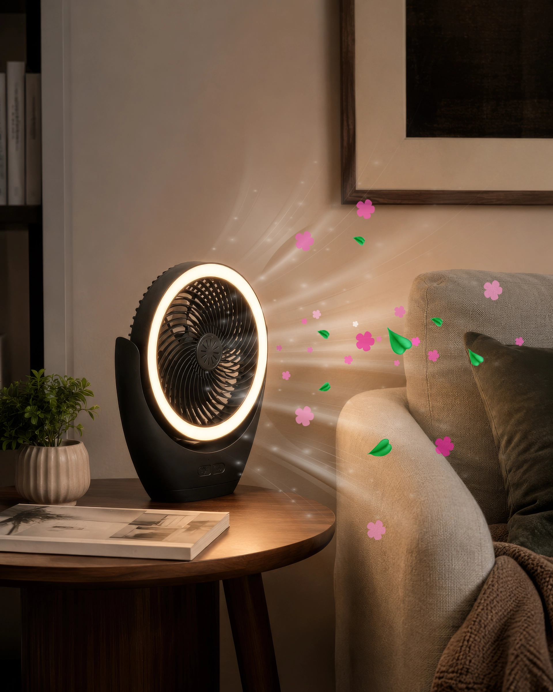 Wohnraumszene mit TERON Tischventilator aus Kunststoff schwarz matt (0460) von Globo Handels GmbH; mit LED-Lichtring, erzeugt frische Brise auf dem Beistelltisch neben dem Sofa