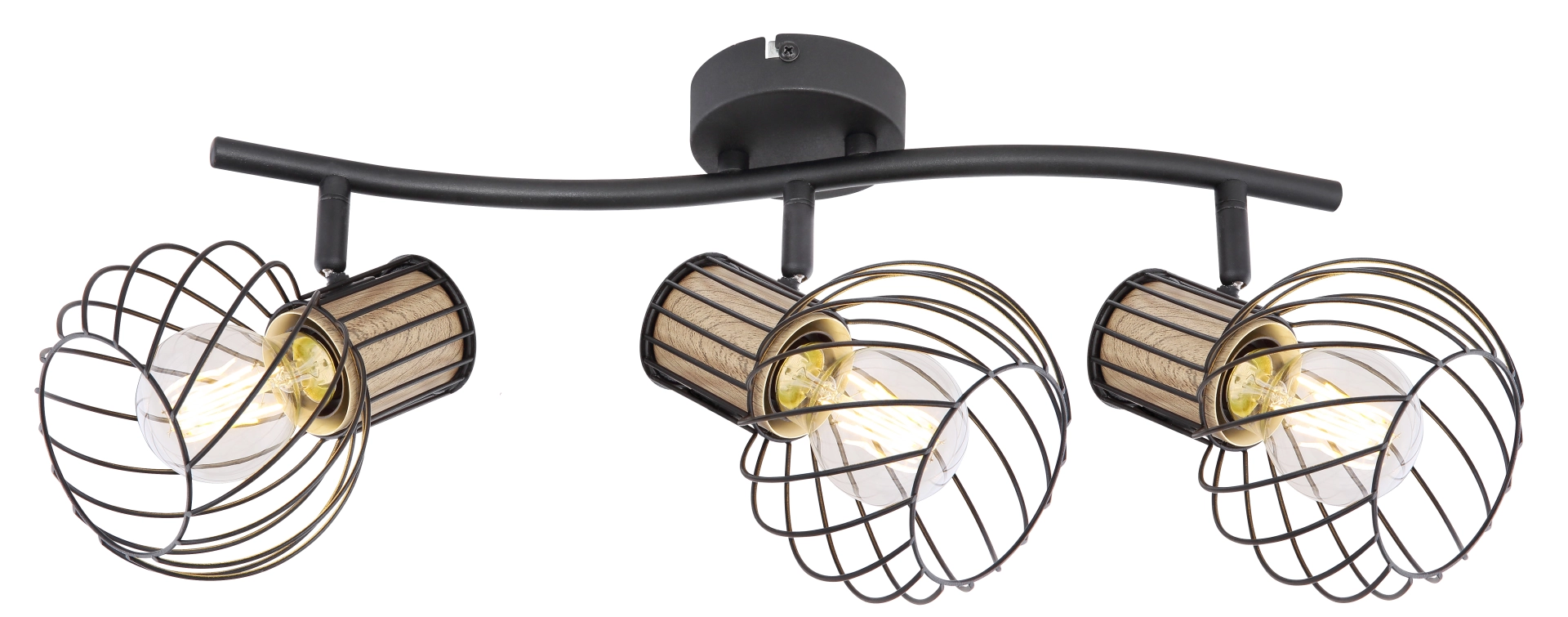 Produktfoto: Globo Handels GmbH Deckenstrahler LUISE mit drei verstellbaren Spots in Schwarz und Holz-Optik, geschwungene Drahtgeflecht-Schirme, E27-Fassungen bis 40W, für dimmbare und nicht dimmbare Leuchtmittel, Modell 54012-3DS