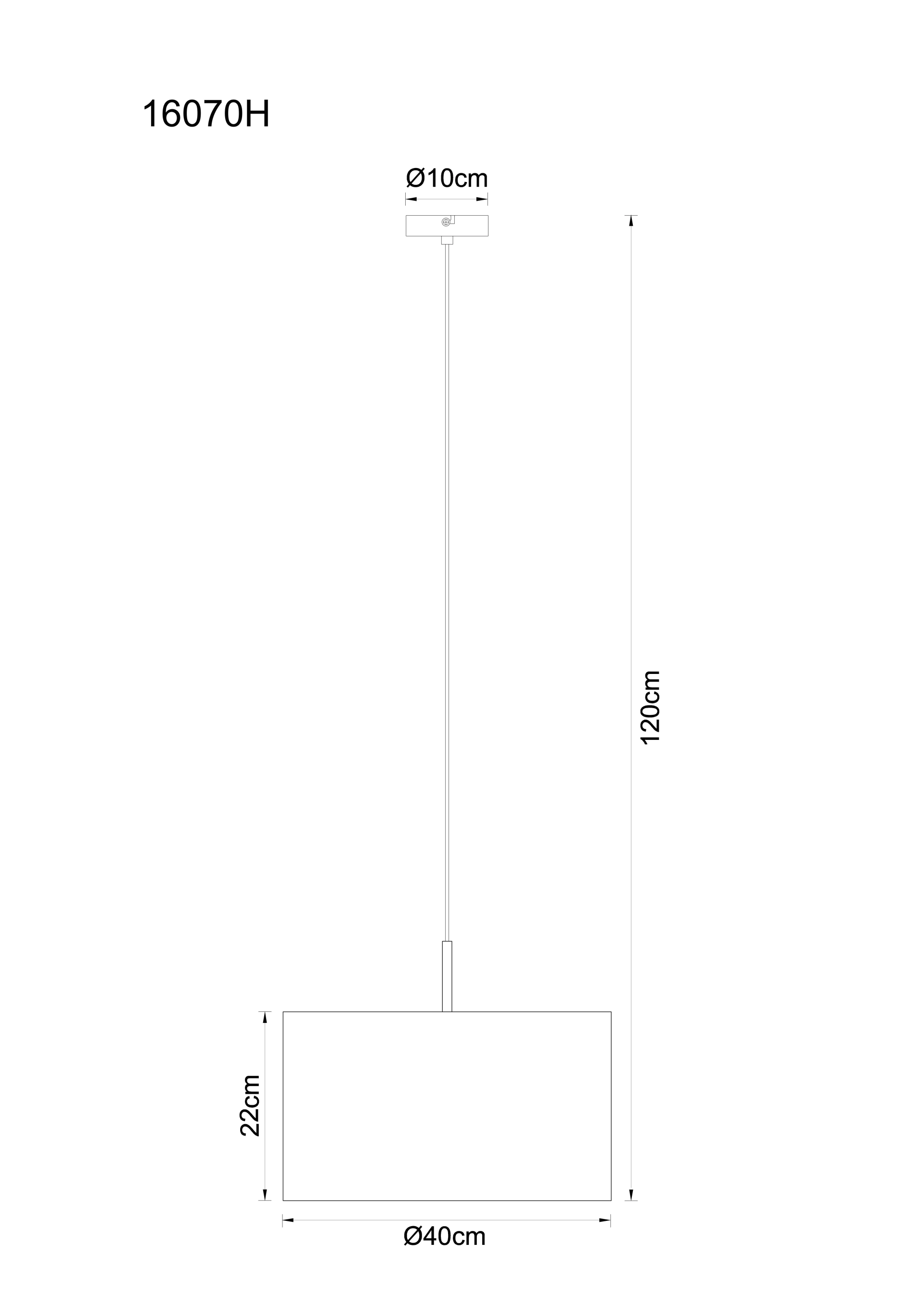 Technische Zeichnung der SAVINA Hängeleuchte aus sandfarbenem Metall von Globo Handels GmbH (Serie LIV): Baldachin Ø10 cm, Abhängung 120 cm, Schirm Ø40 cm x H 22 cm; Fassung E27, je nach Leuchtmittel dimmbar – ideal für Wohn- & Schlafzimmer.