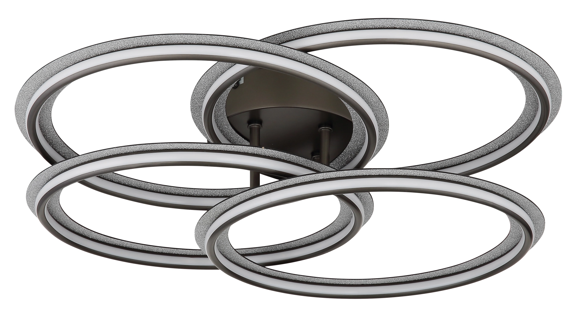 Produktfoto der ELAN Deckenleuchte: moderne LED-Deckenlampe mit vier ineinander laufenden Ringen, Metall und Aluminium schwarz-chrom matt, Hersteller Globo Handels GmbH, Modell 67379-55D