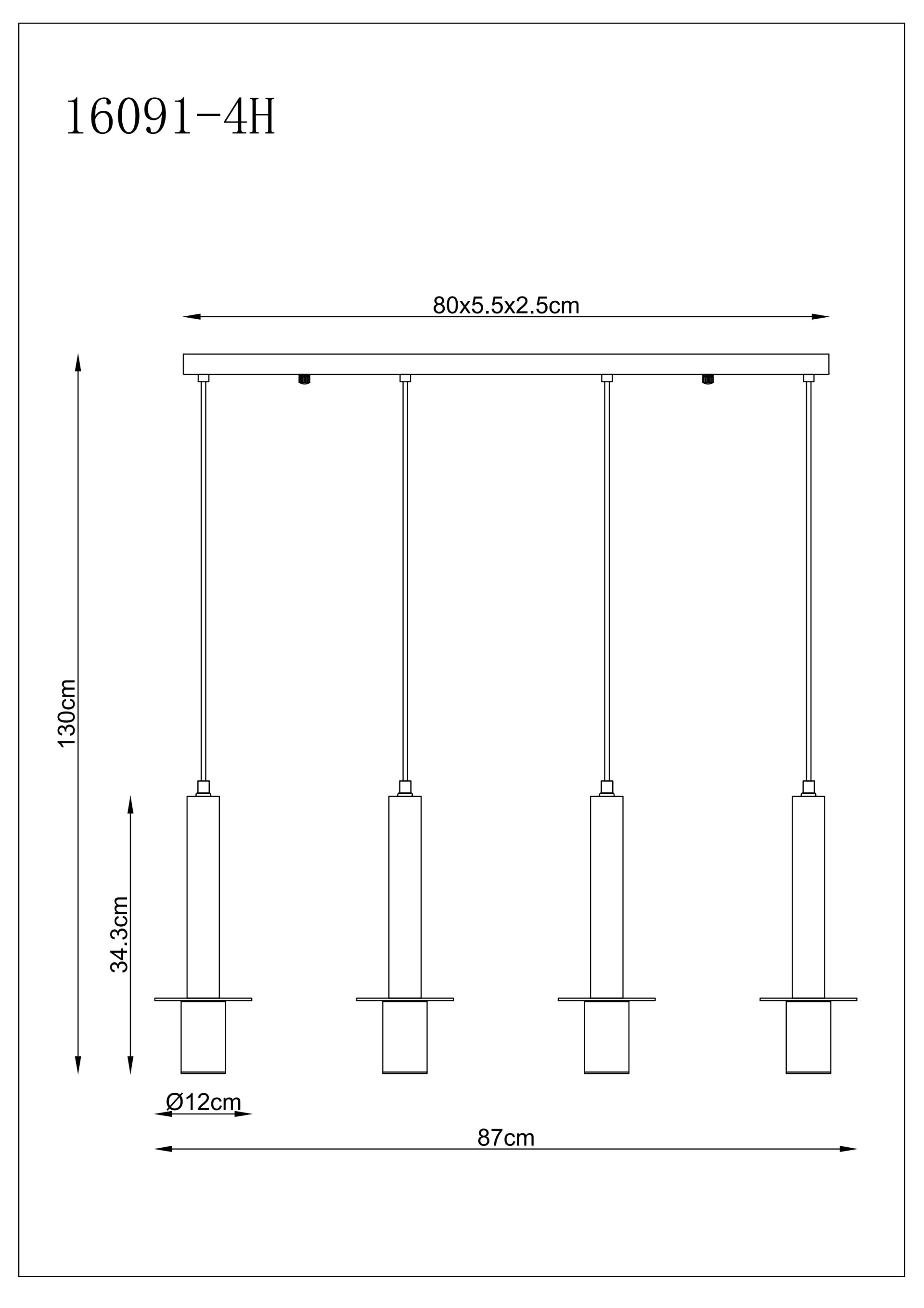 Technische Zeichnung der Hängeleuchte SHANNA: 4 Travertin-Zylinder in Schwarz an Schiene, Ø12 cm, Länge 87 cm, Höhe max. 130 cm, Pendel 34,3 cm, Baldachin 80×5,5×2,5 cm; 4x GU10, dimmbar – ideal über Esstisch, Globo Lighting
