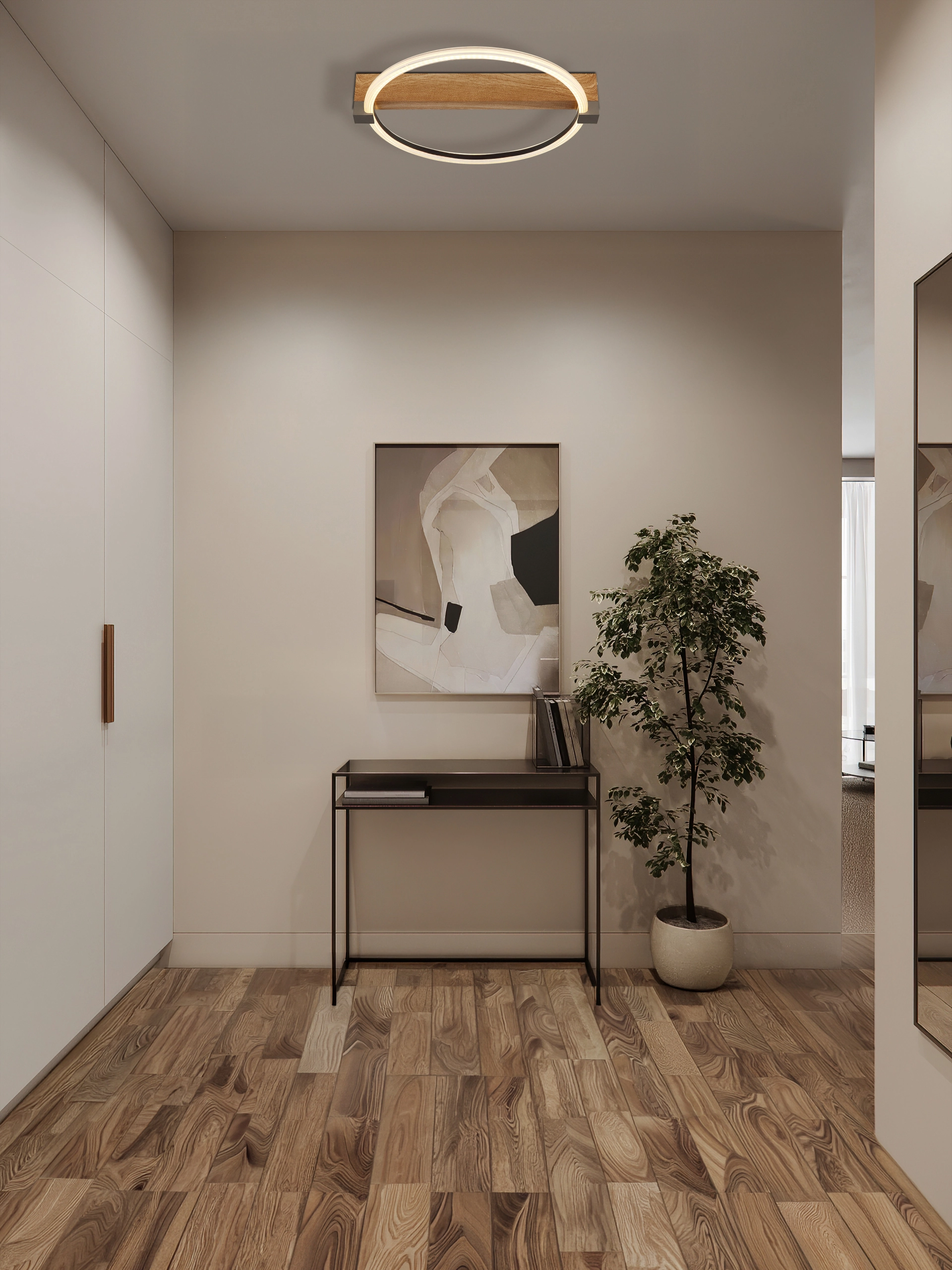 Plafonnier LED FLETCHER en élégant aspect bois avec anneau lumineux, lumière chaude économe en énergie; finition métal/décor bois de qualité – Globo Handels GmbH, modèle 48050D dans un couloir