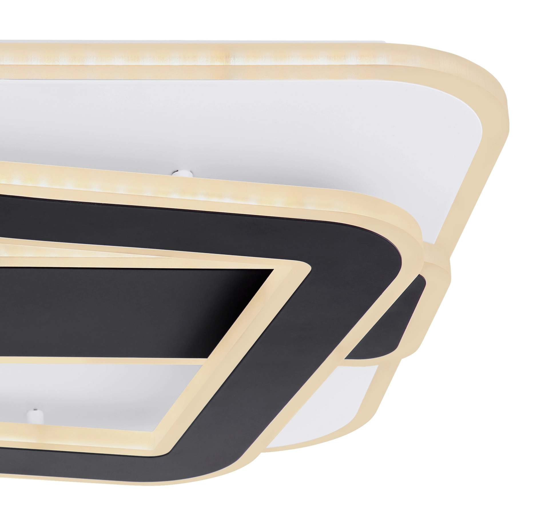 Detail der RODAN LED-Deckenleuchte von Globo Handels GmbH: modernes eckiges Design in Metall schwarz matt und Weiß mit umlaufendem Lichtrand; Ø 40 cm, 36W/1800 lm, CCT 3000–6000K, dimmbar, Farben fixierbar, Nachtlicht, Memory, Fernbedienung
