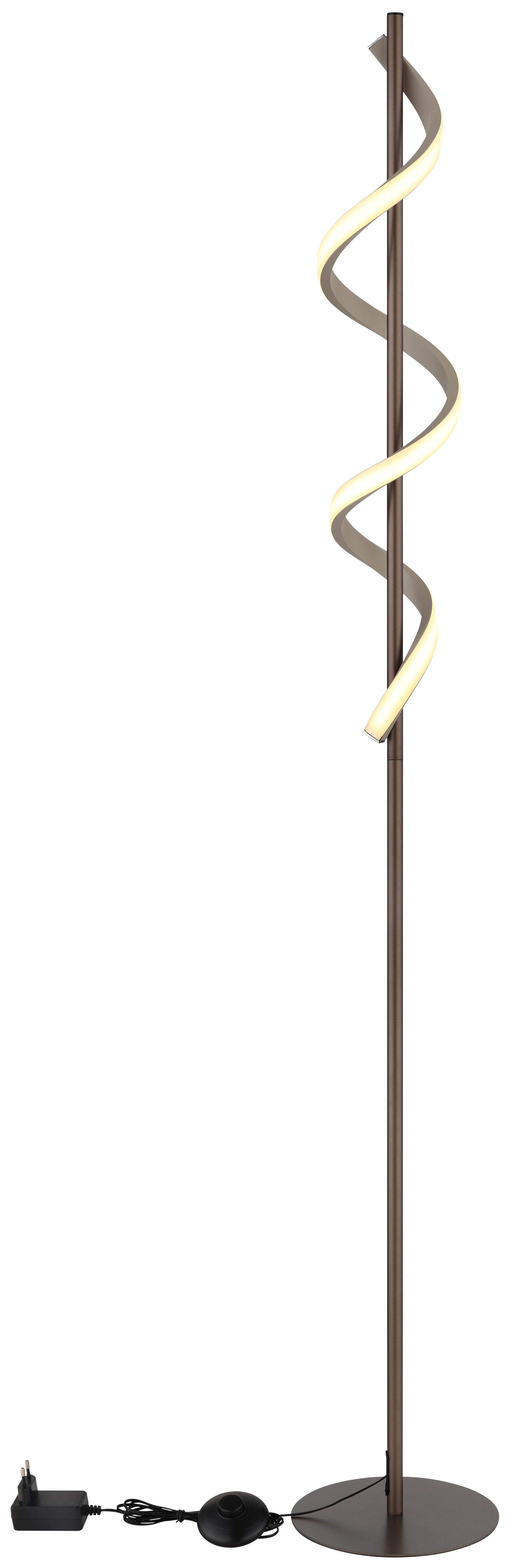 SPIRO Stehleuchte: braune Metallstange mit spiralförmiger, sandfarbener Lichtspirale, warmes Licht – Globo 67384S