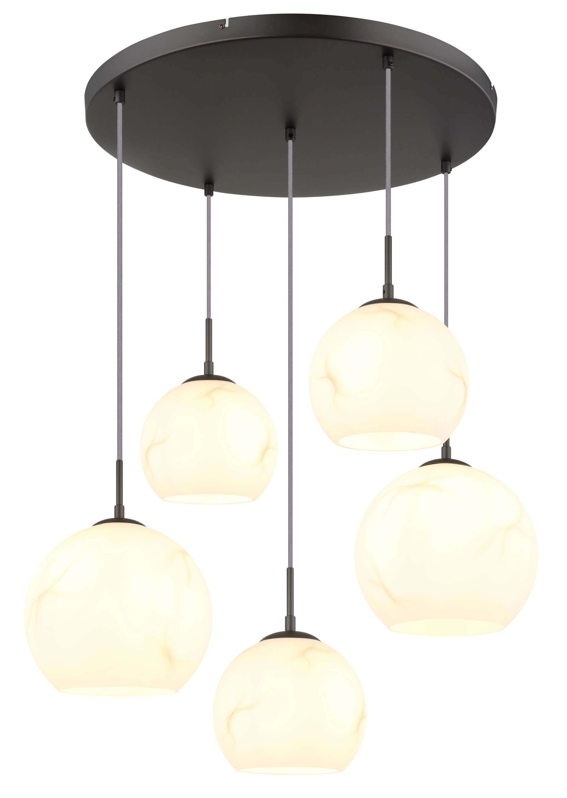 Bild der Pendelleuchte RAGUSA von Globo Handels GmbH: runde Deckenrosette, fünf frei hängende opale Glaskugeln, Details in schwarz-chrom matt; Designleuchte für Ess-/Wohnbereich, Modell 15999M-5HR.