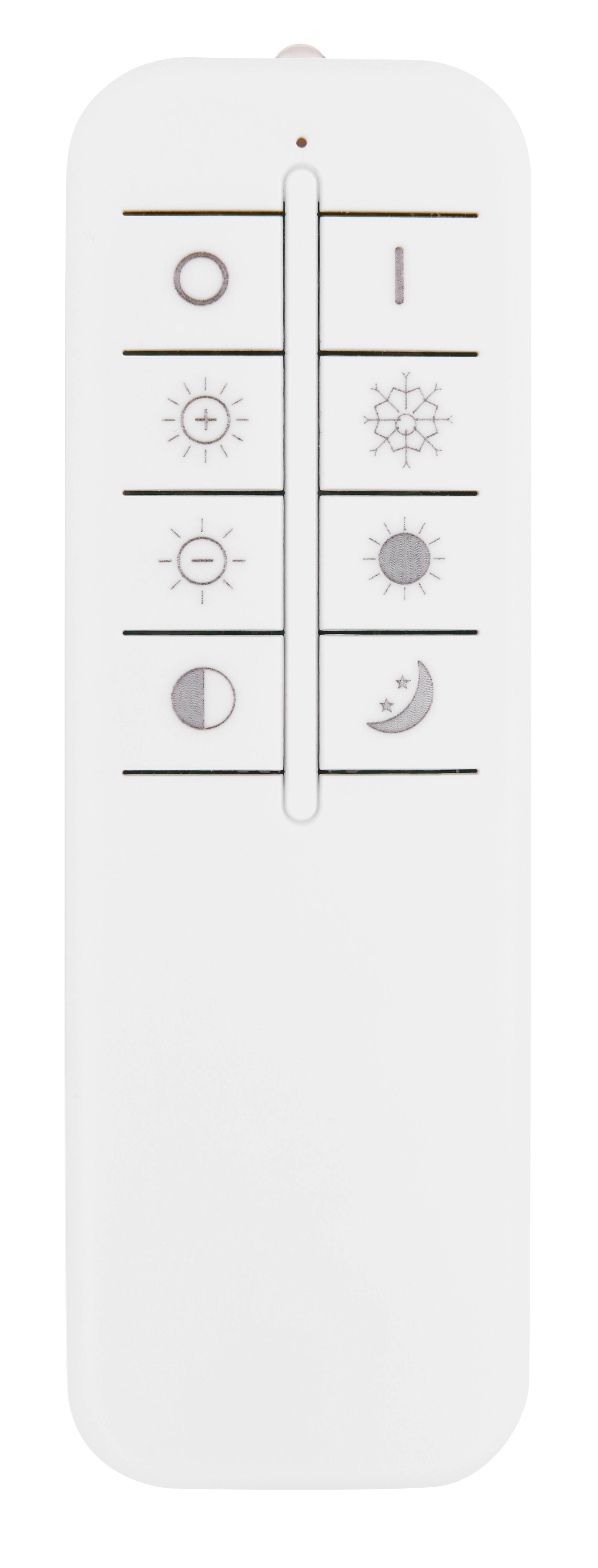 Fernbedienung der RODAN LED-Deckenleuchte von Globo Handels GmbH; steuert Ein/Aus, Dimmfunktion, CCT 3000–6000K, Nachtlicht und Memory; passend zur Deckenleuchte Ø40 cm, 36 W, 1800 lm, Metall weiß/schwarz matt (48435-36)