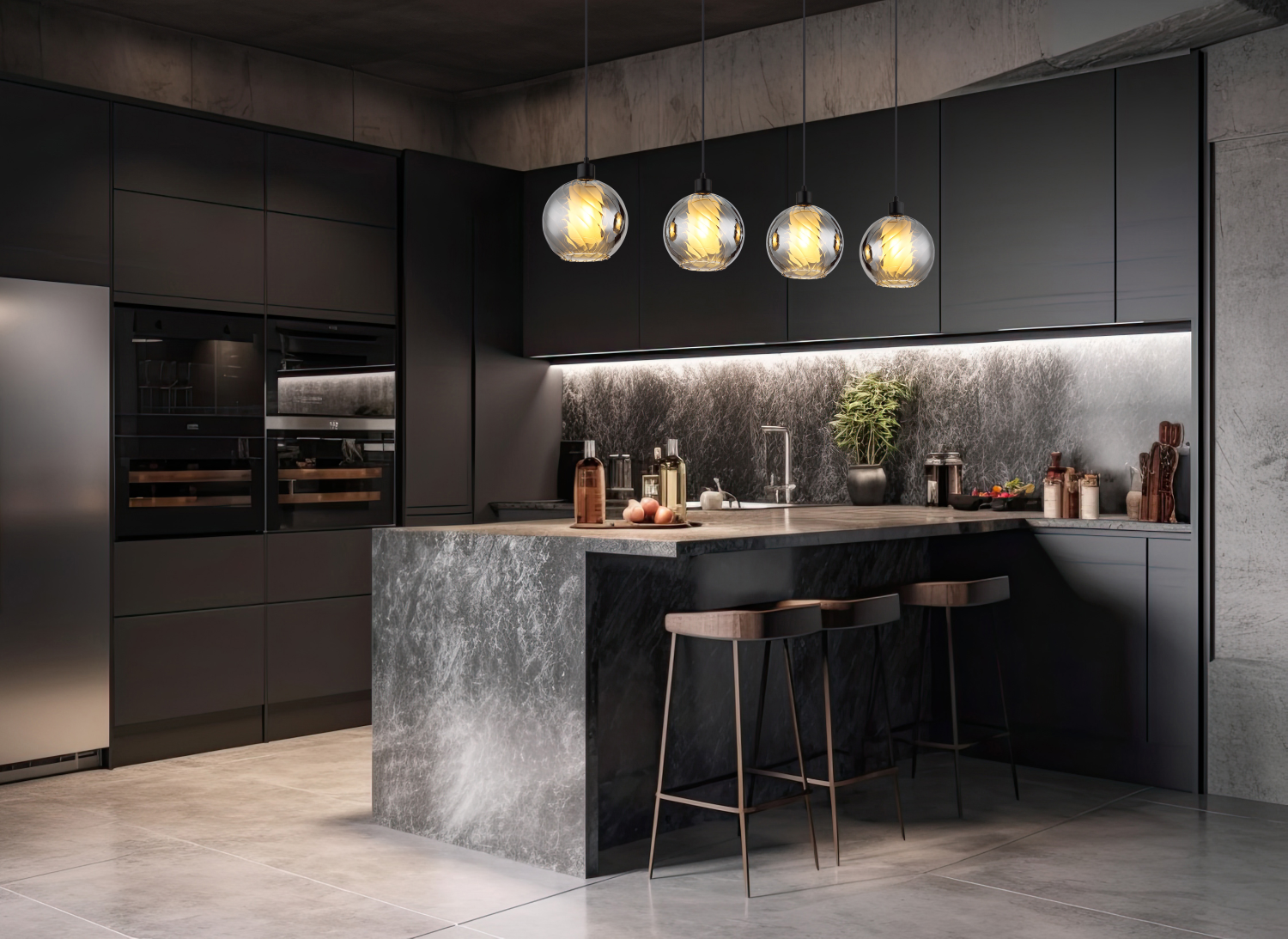 Lighting concept – different types of lighting in a closed kitchen