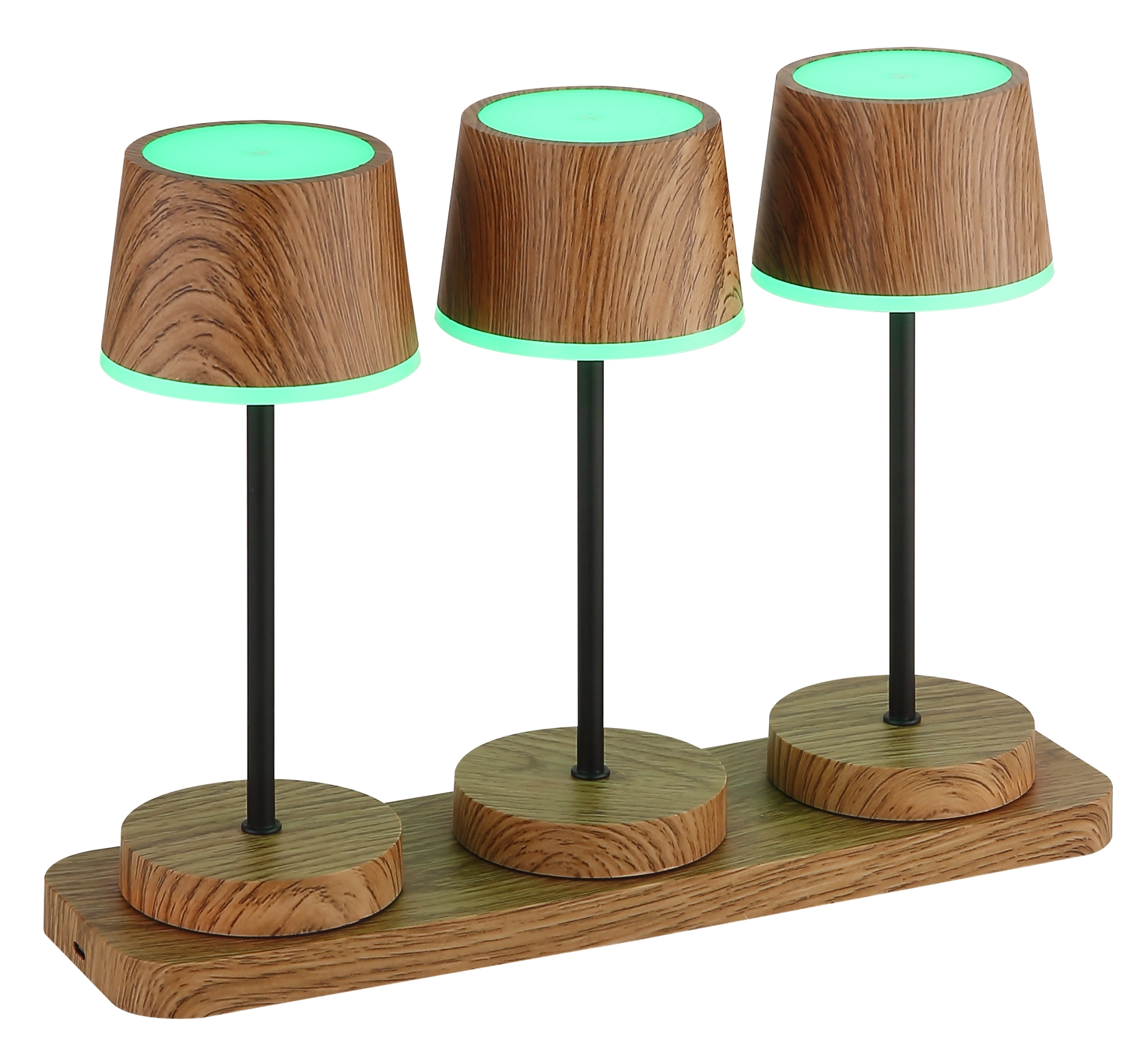 DAWSON 3er Tischleuchte-Set in dunkler Holzoptik mit Metallständern und runden Holzbasen; grün beleuchtete Lampenkappen