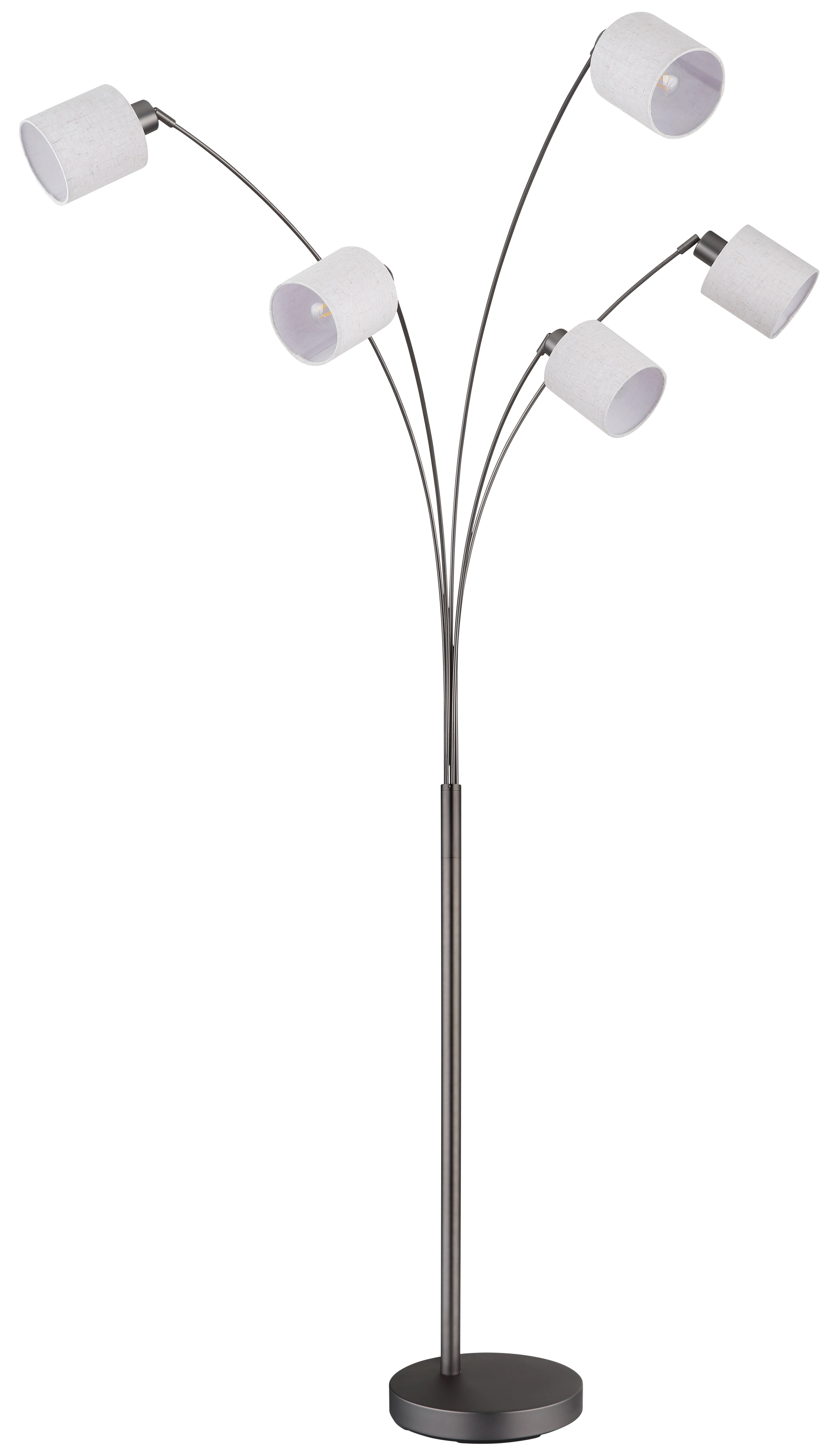 THEA Stehleuchte von Globo; fünf Leuchtenköpfe mit cremefarbenem Leinen, schwarzes-chrom mattes Gestell und runde Basis