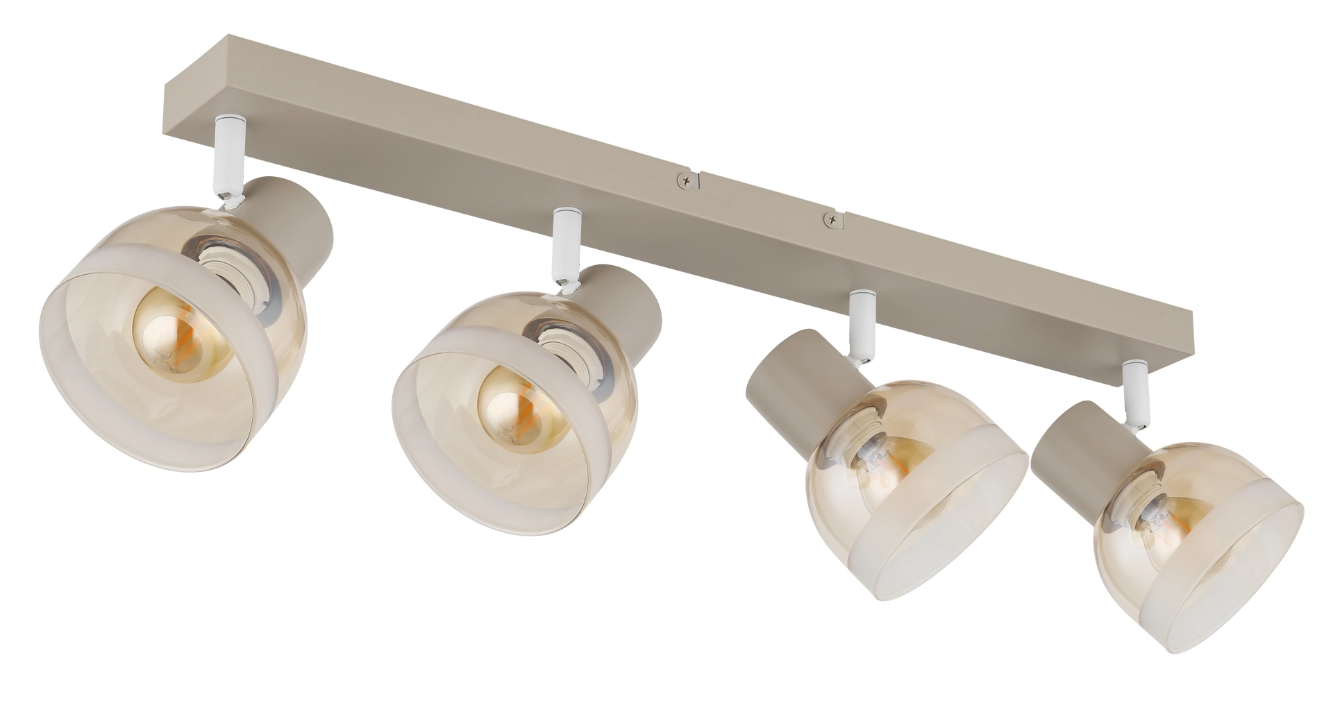 Abgebildet: KAIRO Deckenstrahler 4-flammig aus Metall sandfarben matt mit amberfarbenen Glasschirmen, Modell 54048-4SA von Globo Handels GmbH – moderner LED-fähiger Spotbalken für Wohnräume