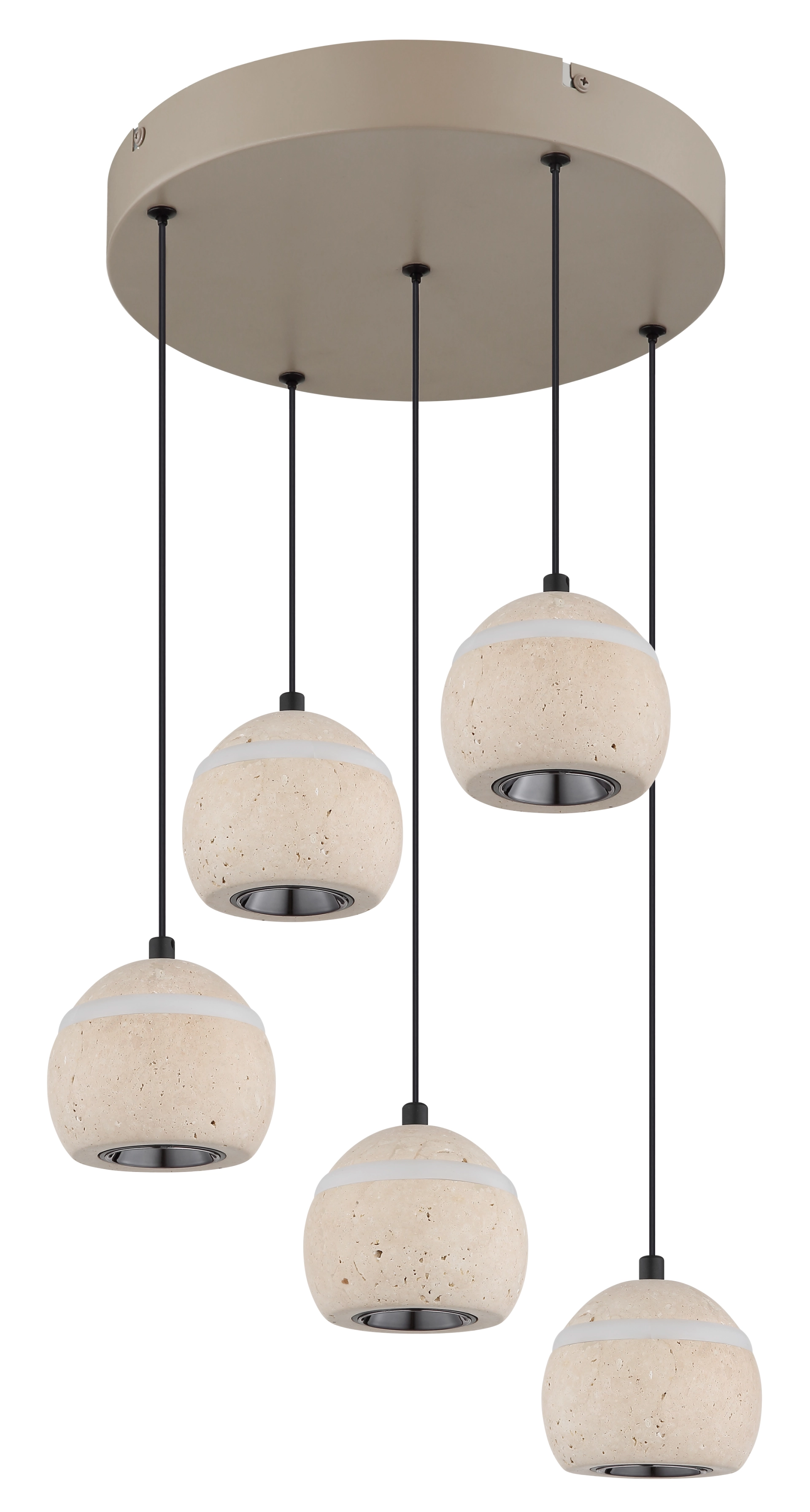 EVARA Pendelleuchte mit fünf runden Travertin-Schirmen an schwarzen Kabeln, Deckenbaldachin aus Metall sandfarben matt; Modell 16067-5R von Globo Handels GmbH – moderne Hängeleuchte Naturstein.